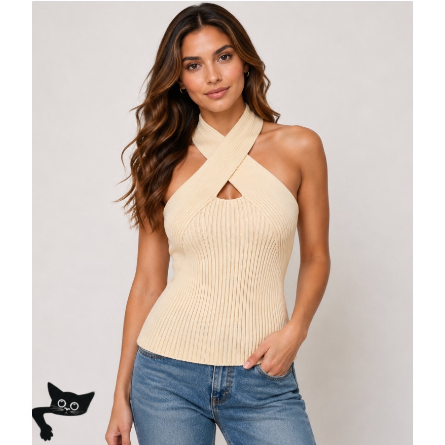 Cider Beige Ribbed Knit Sleeveless Criss Cross Front Halter Stretch Crop Top XL