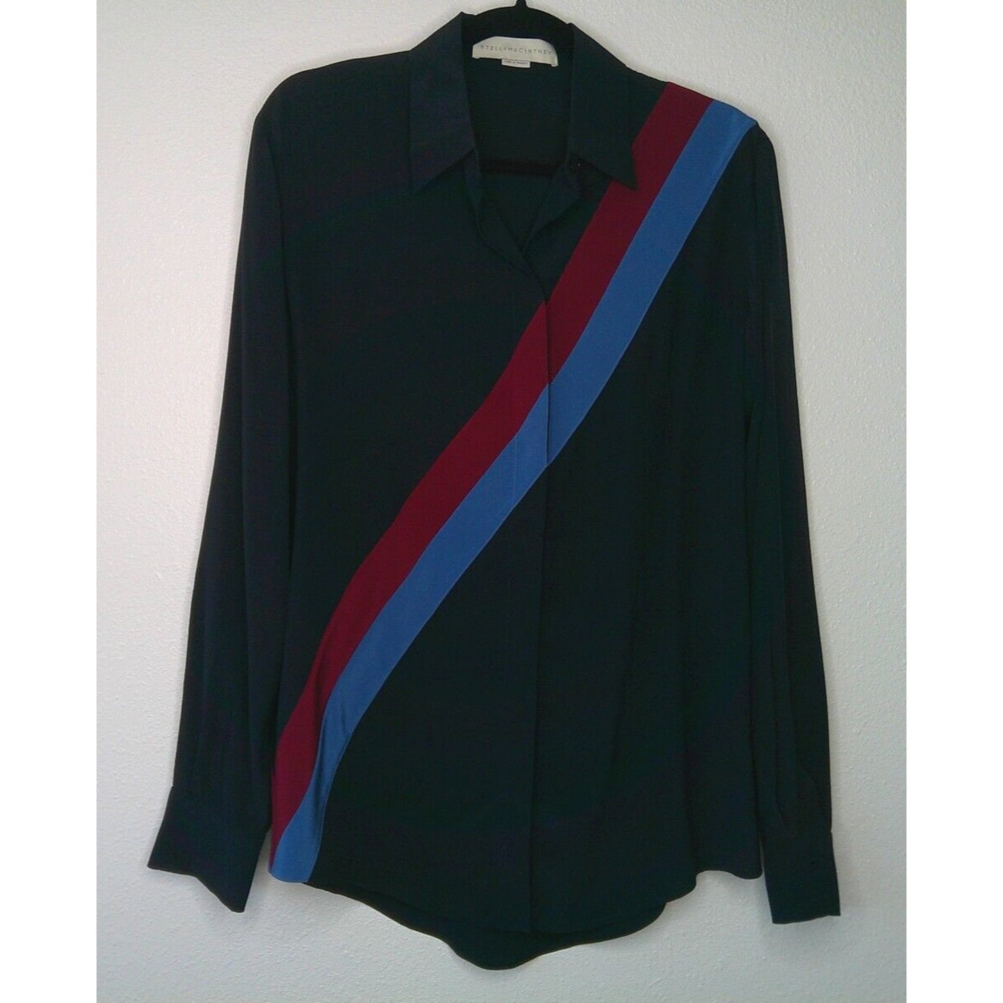 Stella McCartney Silk Black Blue & Red Diagonal Stripe Front Button Blouse Top