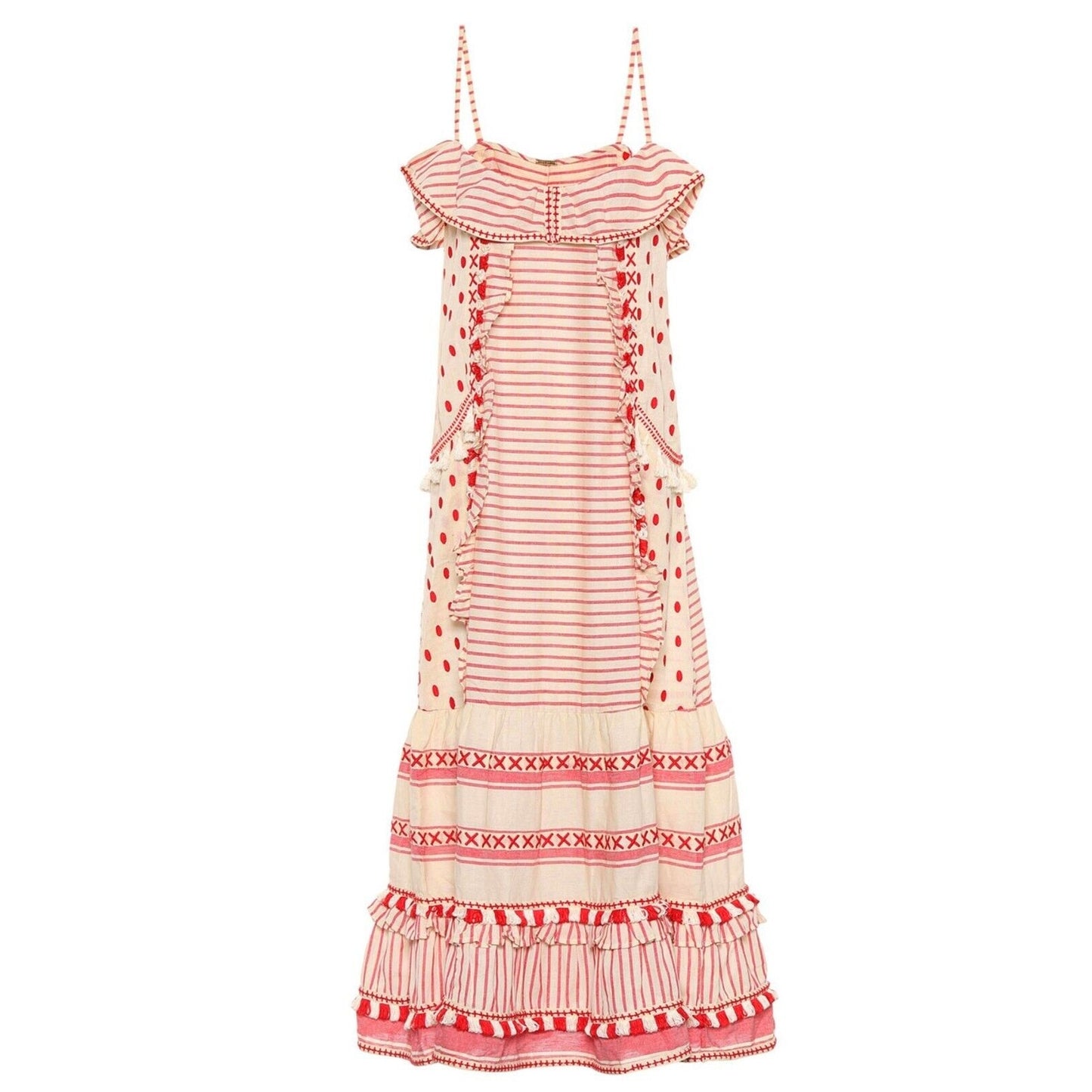 DODO BAR OR Cute Tan & Red Striped Polka Dot Ruffle Fringe Maxi Sun Dress S