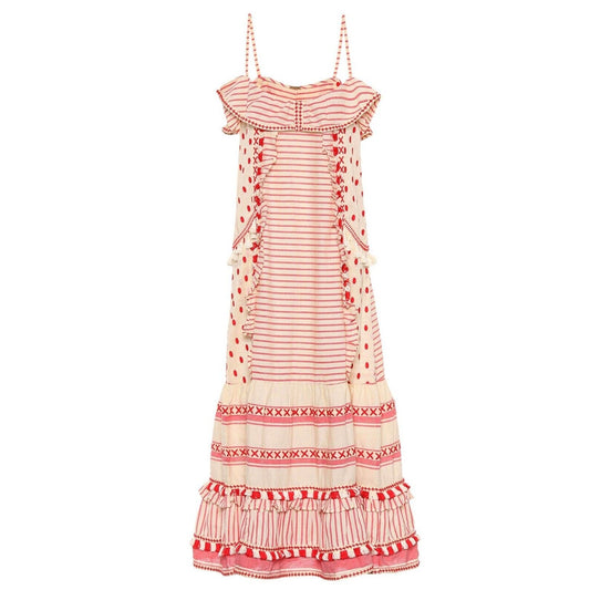 DODO BAR OR Cute Tan & Red Striped Polka Dot Ruffle Fringe Maxi Sun Dress S