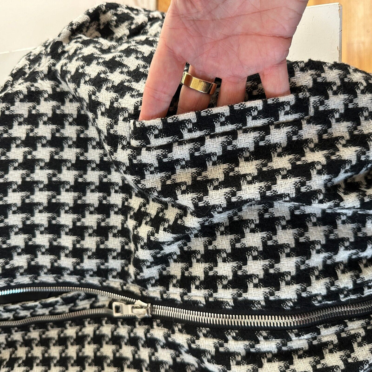 Philip Ayler White Black French Tweed Houndstooth Black Trim Zip Bomber Jacket