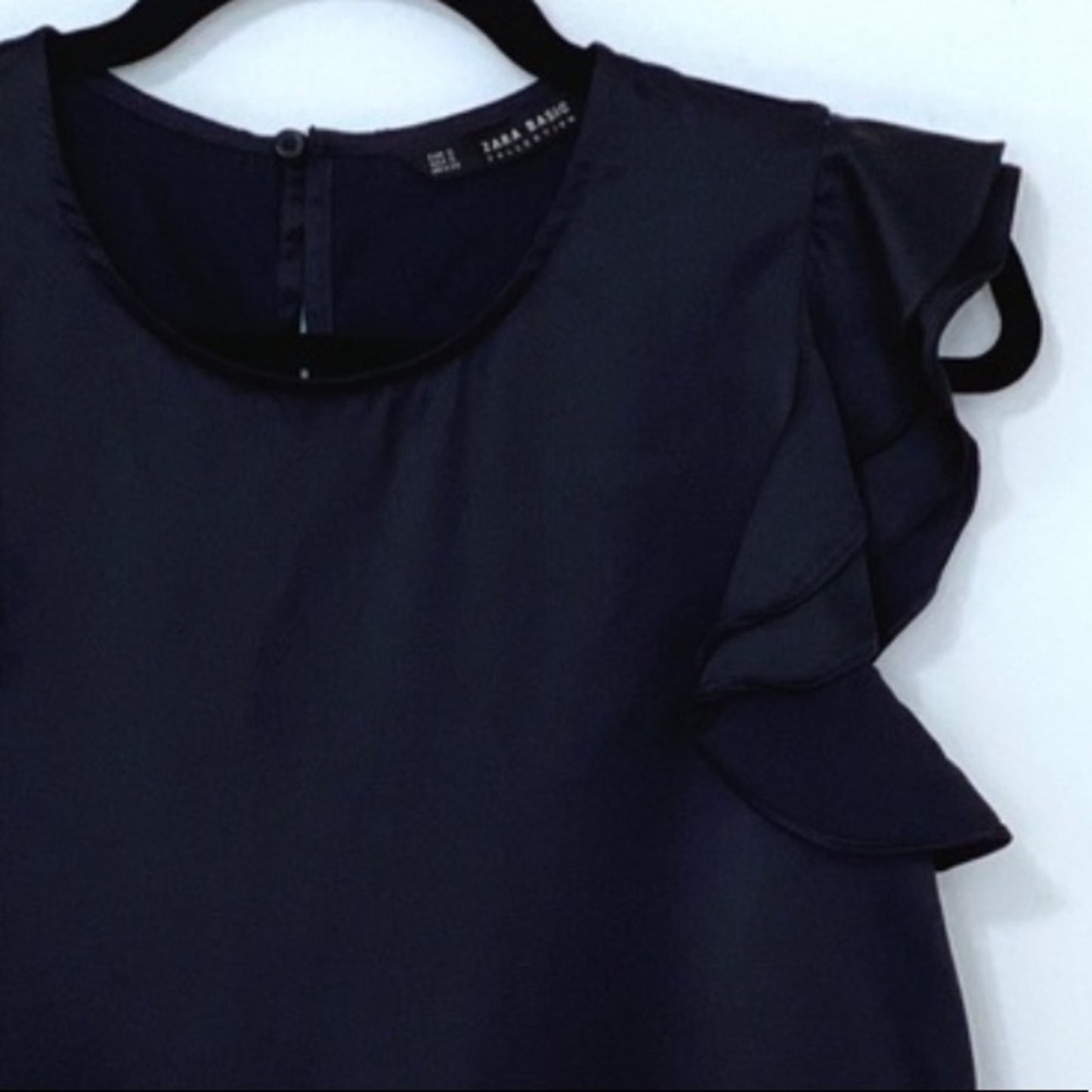 Zara Black Silky Scallop Ruffle Sleeve Blouse Small