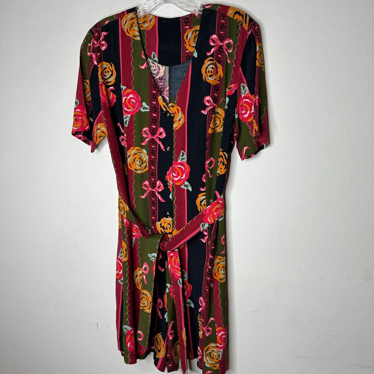 NWT RARE Vintage Dead Stock Black Green Stripe Red Rose Pink Bow Romper Medium