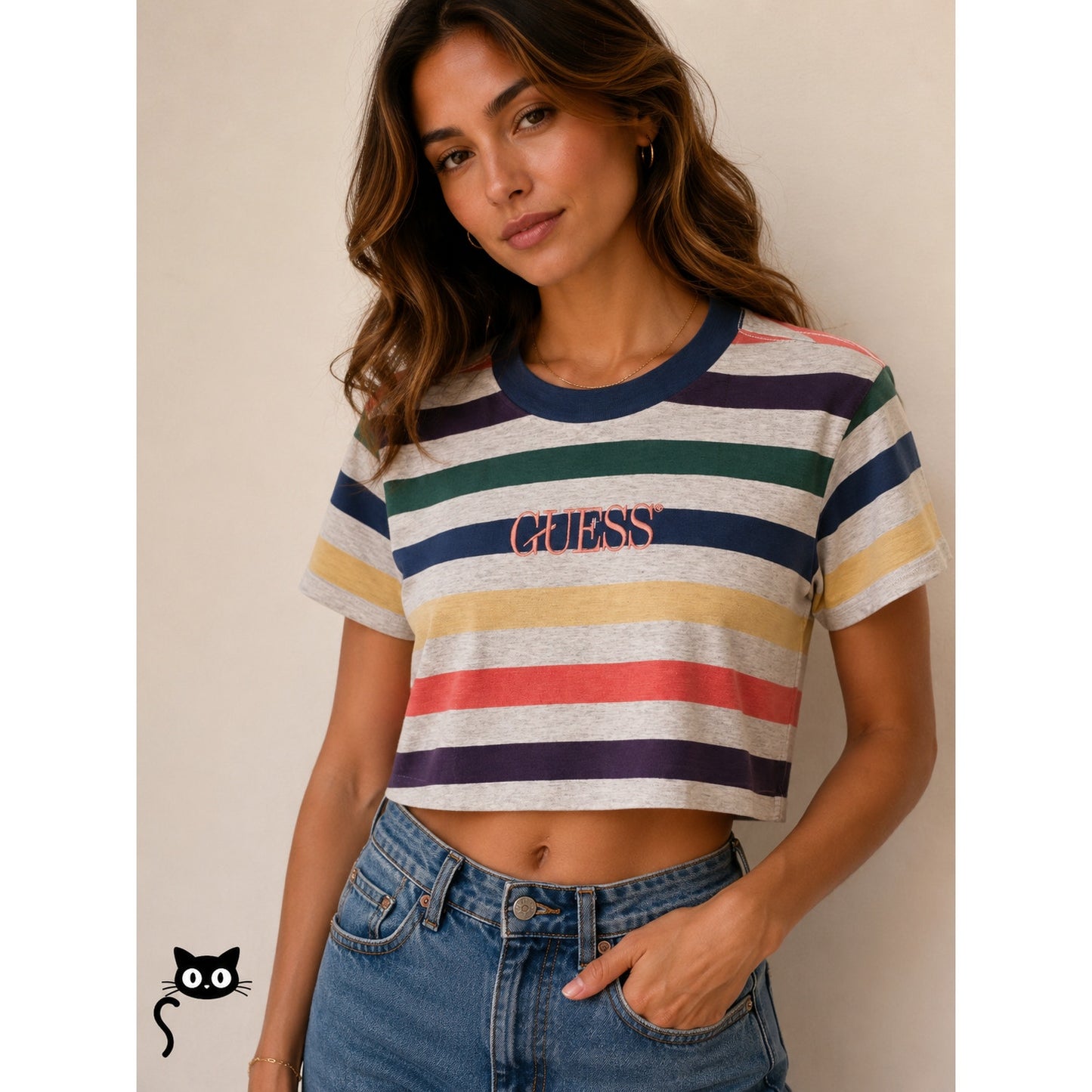 Guess Originals 1981 Gray Multi-Color Stripe Short Sleeve Crop Guess Logo SP