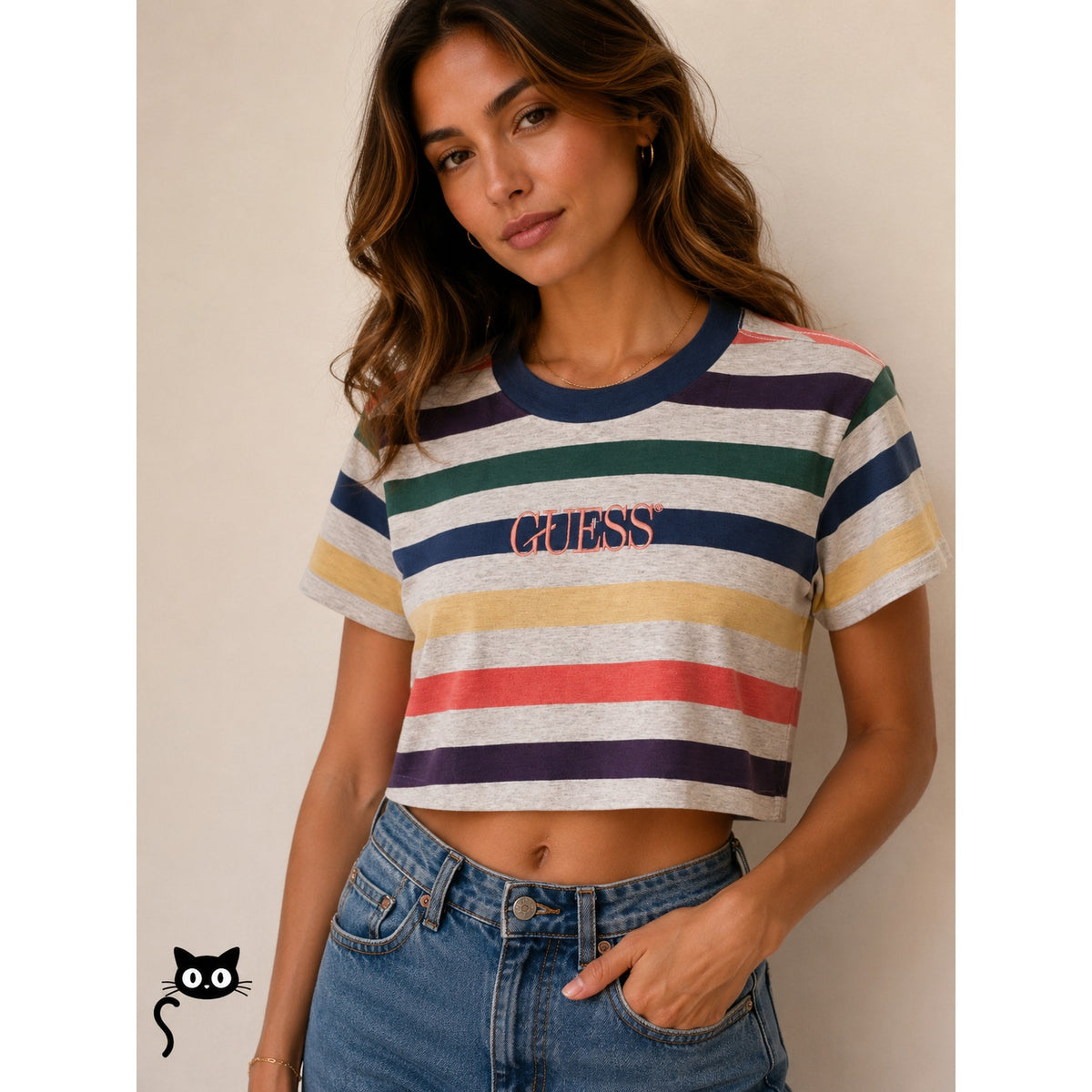 Guess Originals 1981 Gray Multi-Color Stripe Short Sleeve Crop Guess Logo SP