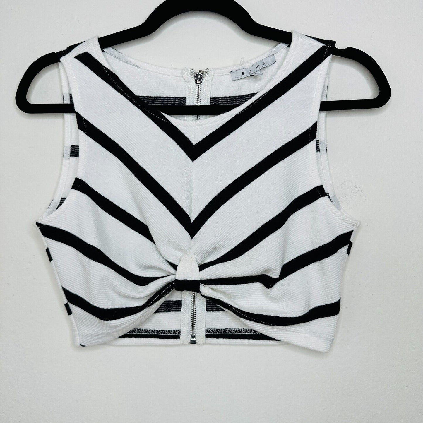 Ezra Black & White Striped Sleeveless V-Neck Crop Gathered Front Knot Back Zip S