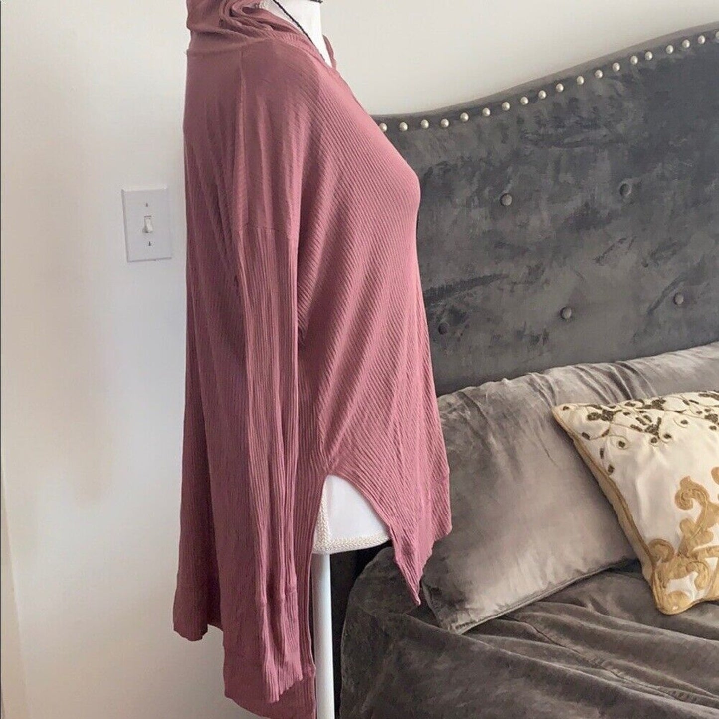 Mauve Pink Oversized Ribbed Knit Deep V long sleeve hoodie High Low Tee Top S