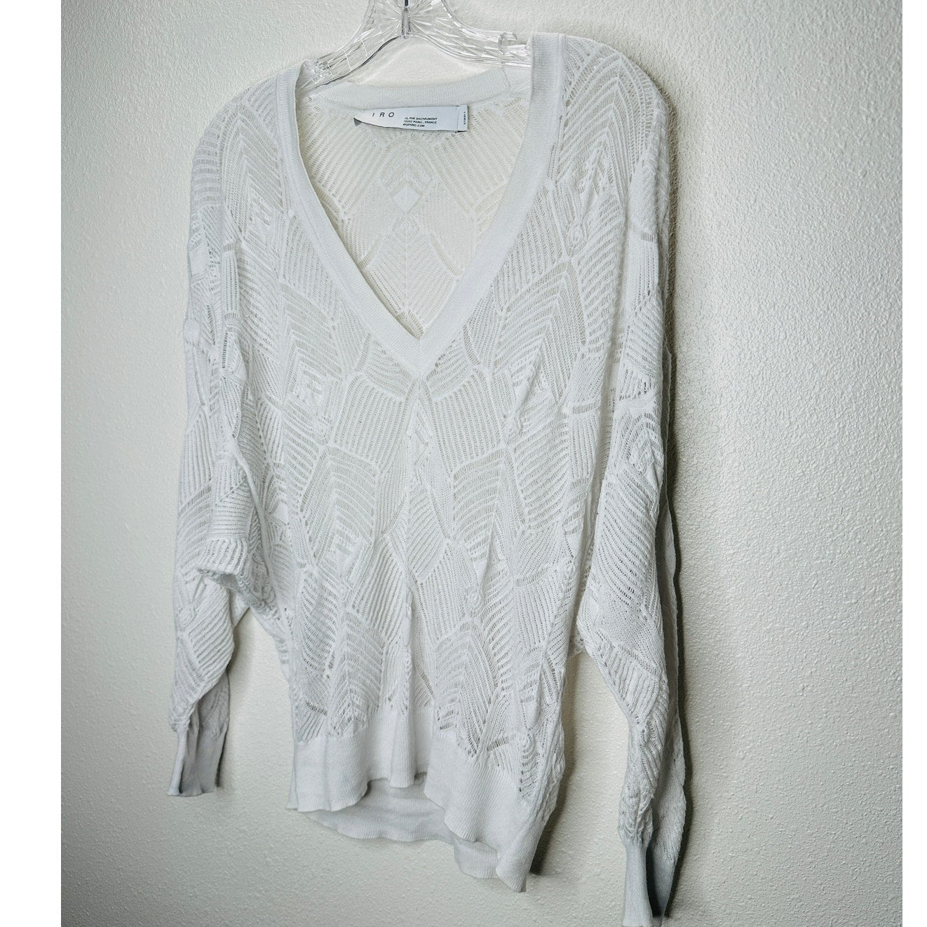 IRO Dusk White Crochet V Neck Lightweight Sweater Dolman Sleeves XS