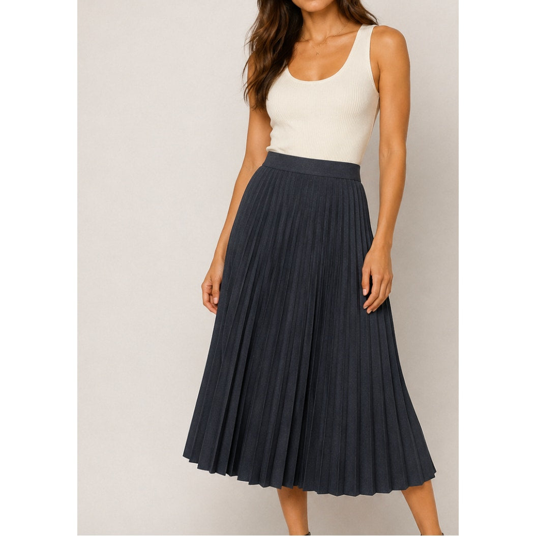 Zara Dark Blue Wash Box Pleated Denim Look Midi Skirt Waistband Side Zipper XS