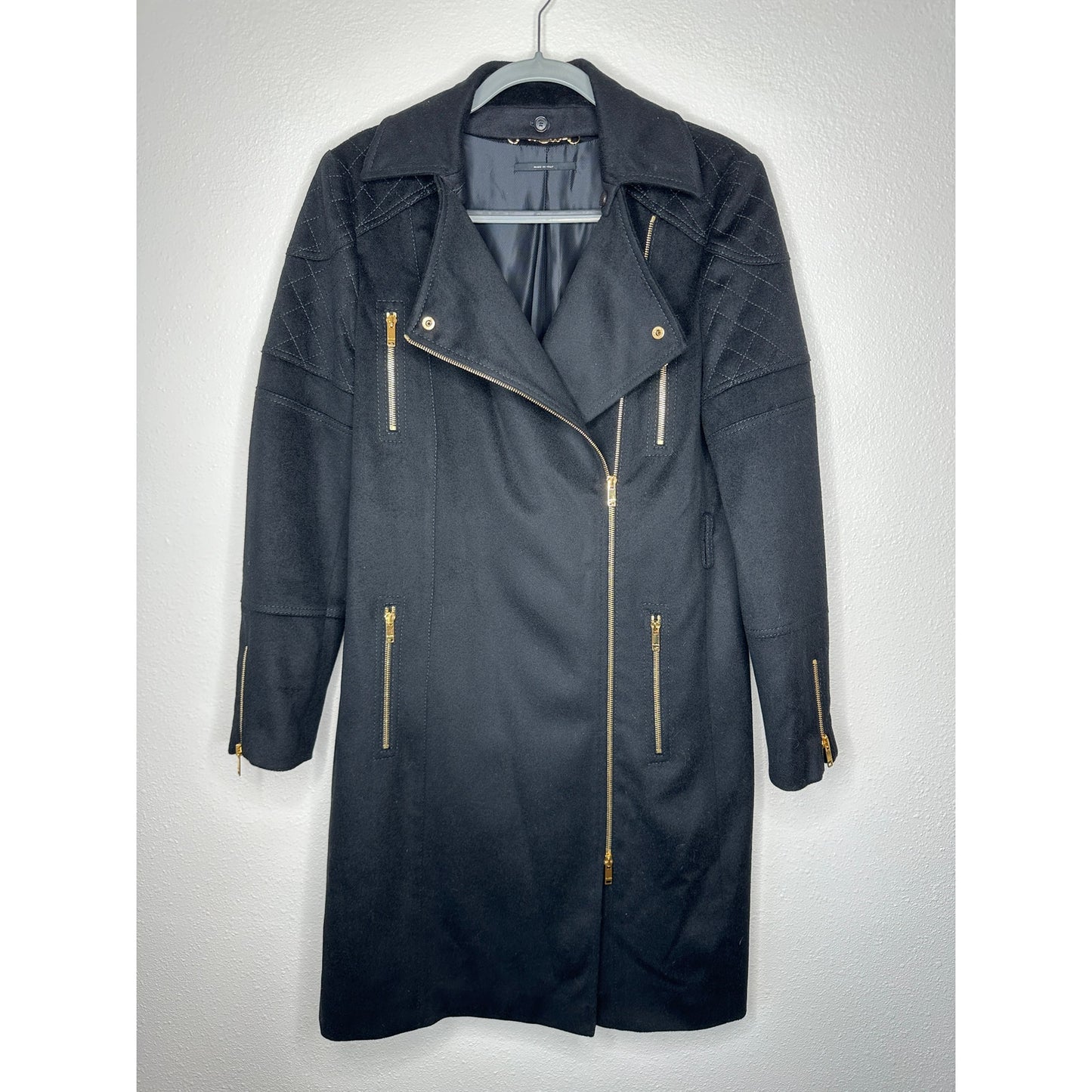 Gucci Black Wool Cashmere Sueded Gold Zip Long Line Trench Coat Jacket 44