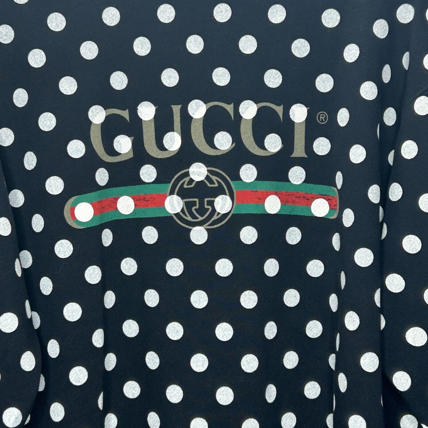 NWT Gucci Black & White Polka Dot Logo Long Sleeve Round Neck Sweatshirt L