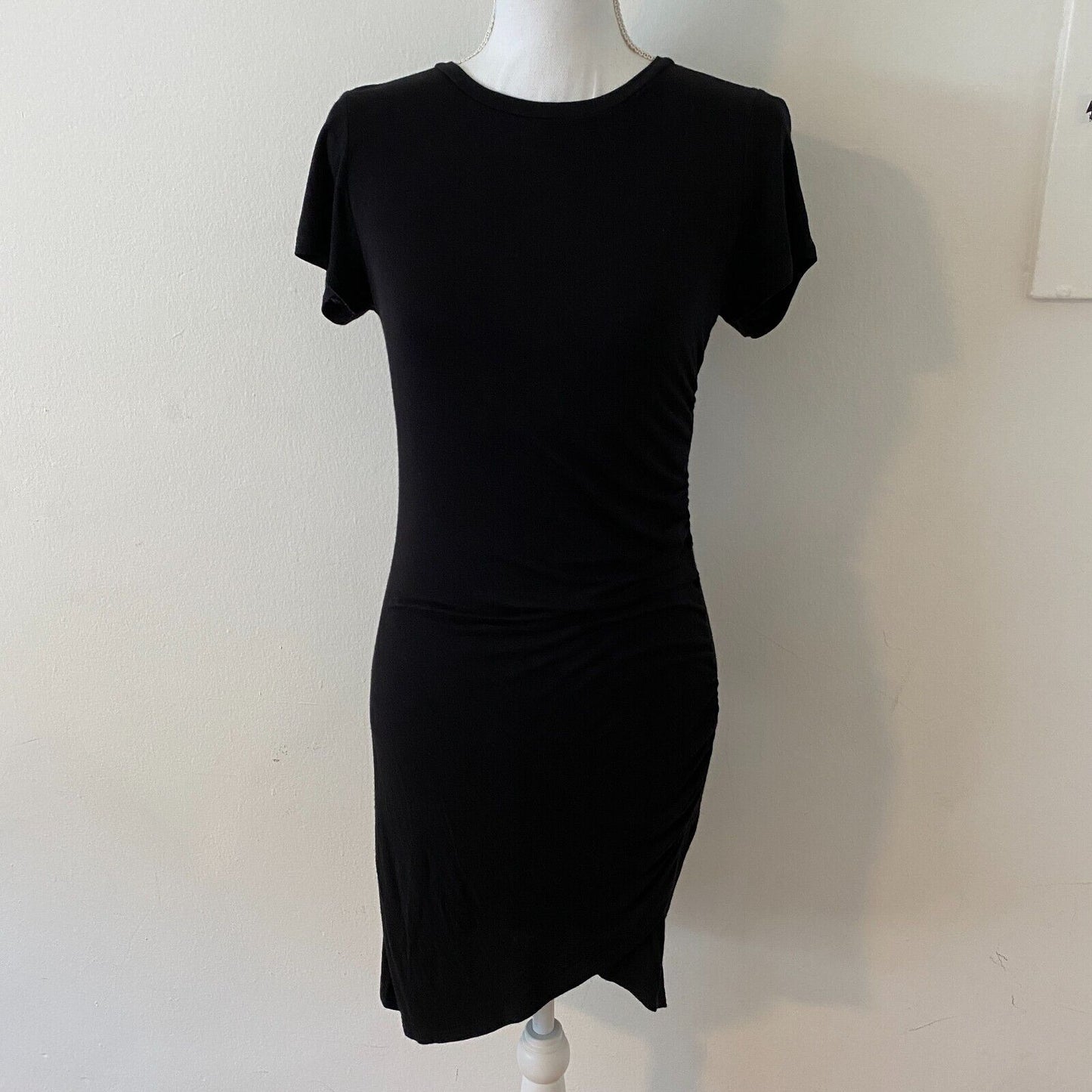 Alya Cute Black Bodycon Stretchy TShirt LBD Dress Asymmetrical Ruched Side Large