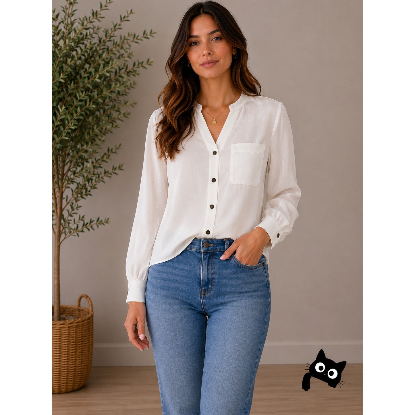 Martinique Ivory Long Sleeve V-Neck Bronze Button Up Blouse Top 6