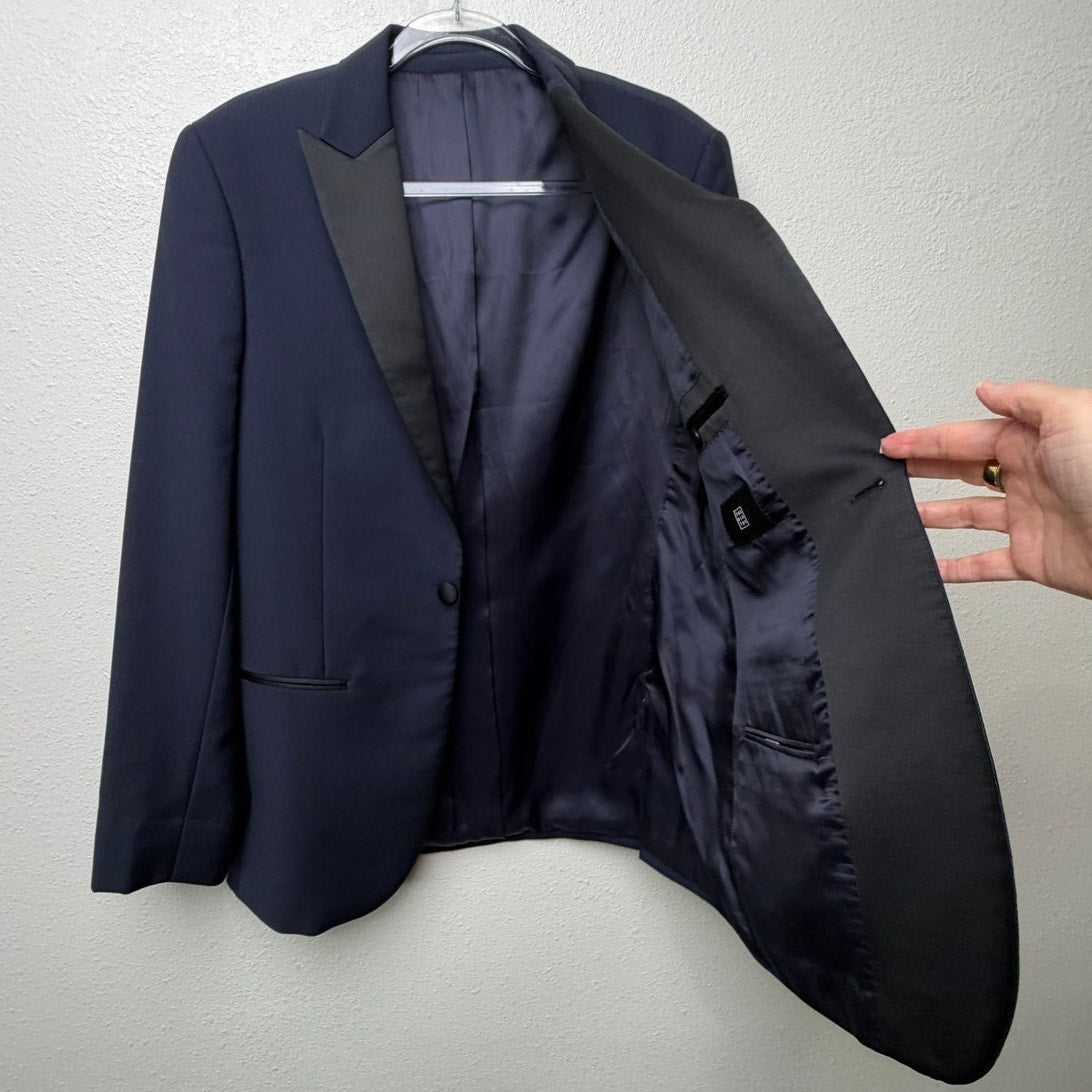 The Black Tux Navy Merino Wool Tuxedo Jacket Black Satin Peak Lapel Men's 40R