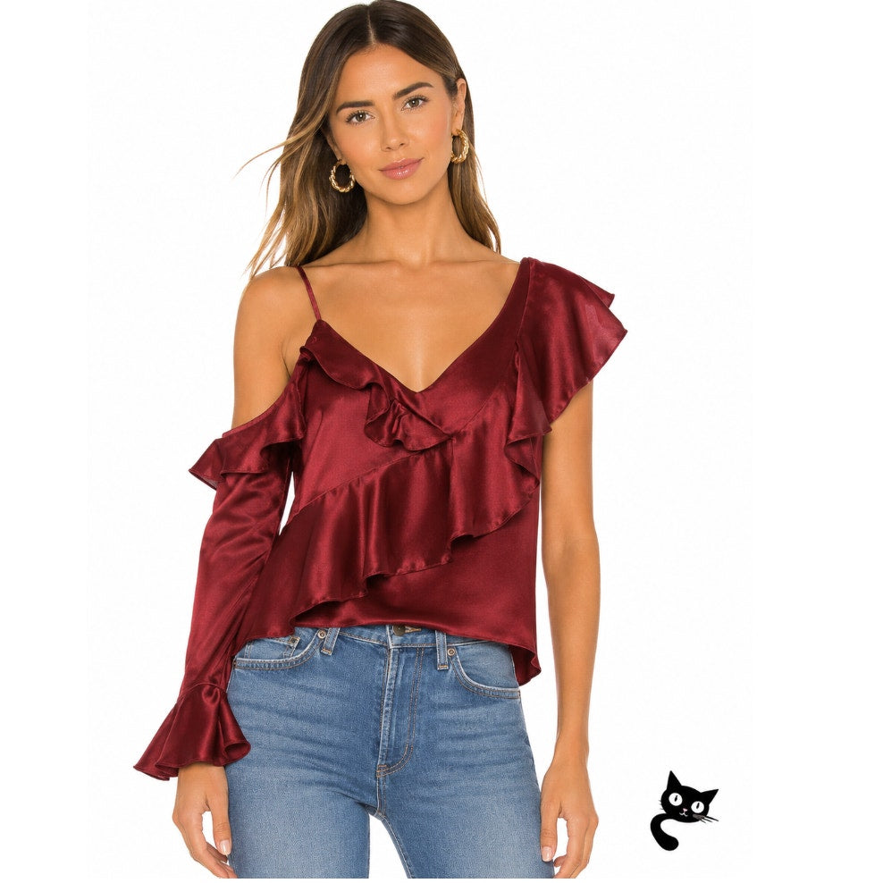 Revolve Lovers + Friends Deep Red Ruffled Flowy One-Sleeve Shoulder Blouse L