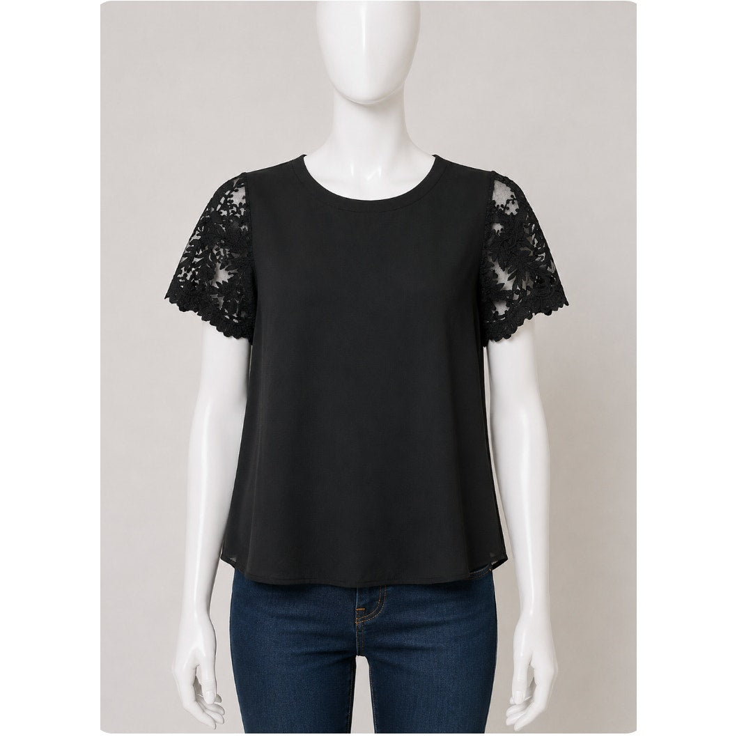 Lush Black Sheer Mesh Floral Lace Short Sleeve Keyhole Button Flowy Blouse M