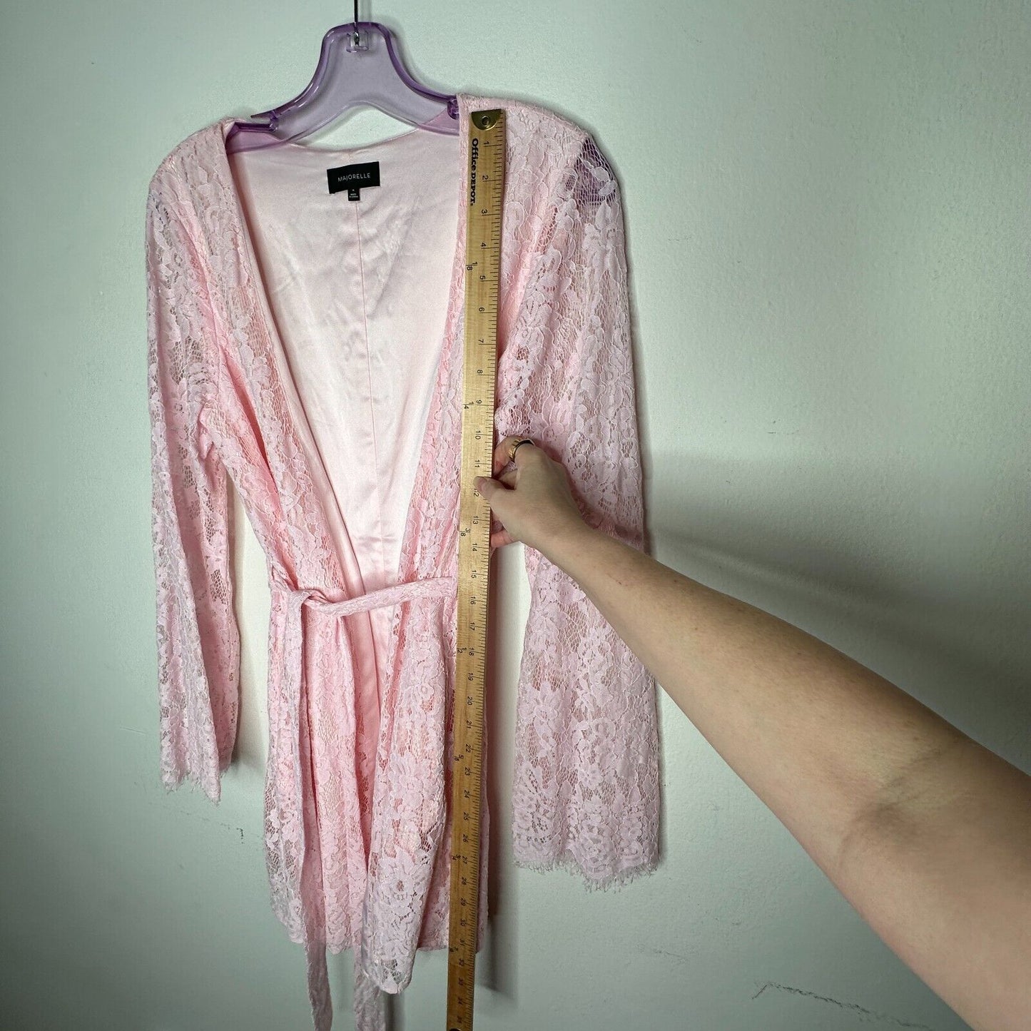 Marjorelle Pale Pink Lace Long Sleeve Tie Waist Kimono Wrap Mini Dress Robe M