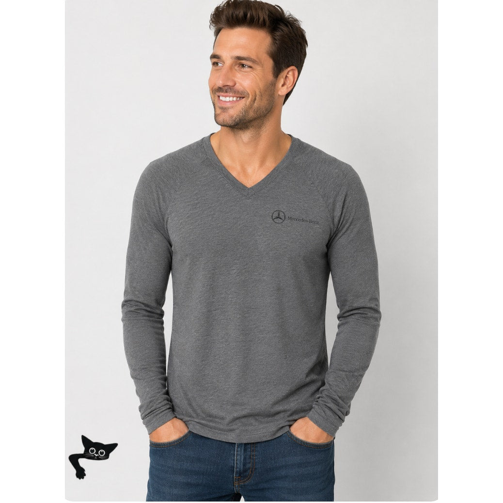 Mercedes Benz Logo Men's Ultra Thin Gray VNeck Long Sleeve Sweater Large