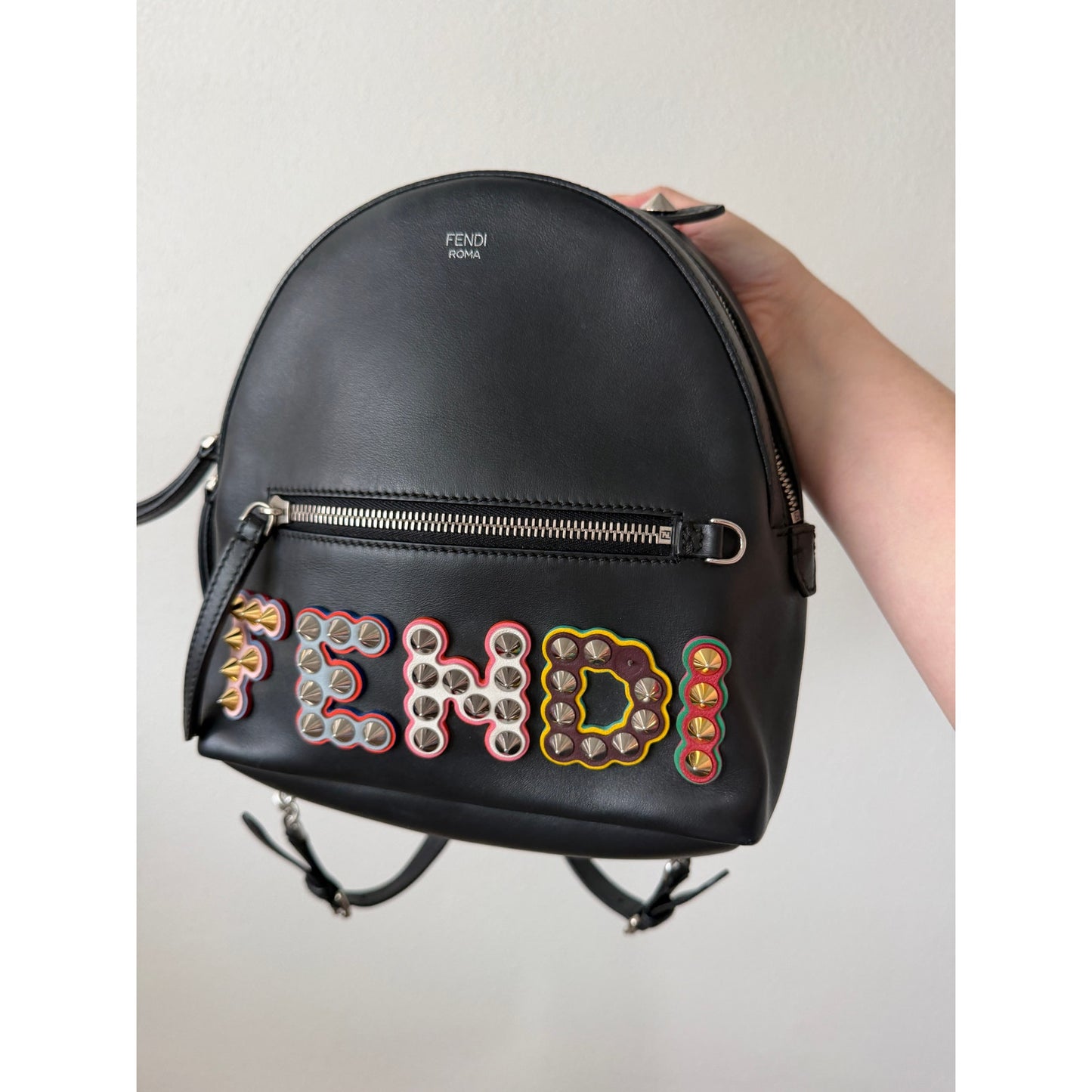 Fendi Roma Mini By The Way Leather Backpack Black Silver Gold Studded Logo Bag