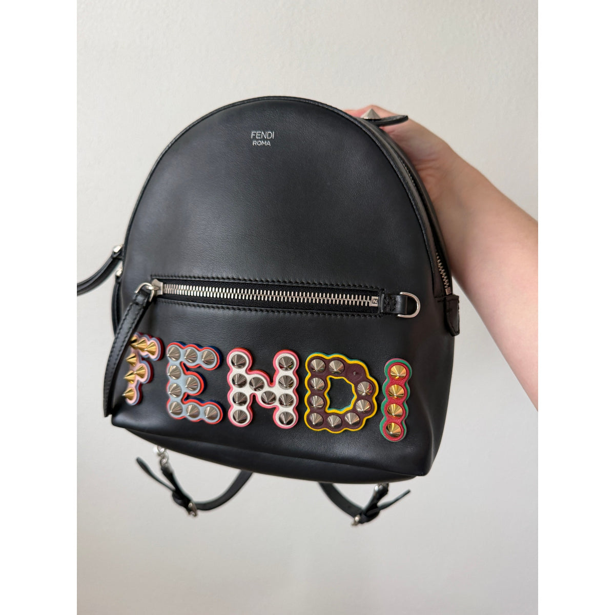 Fendi Roma Mini By The Way Leather Backpack Black Silver Gold Studded Logo Bag