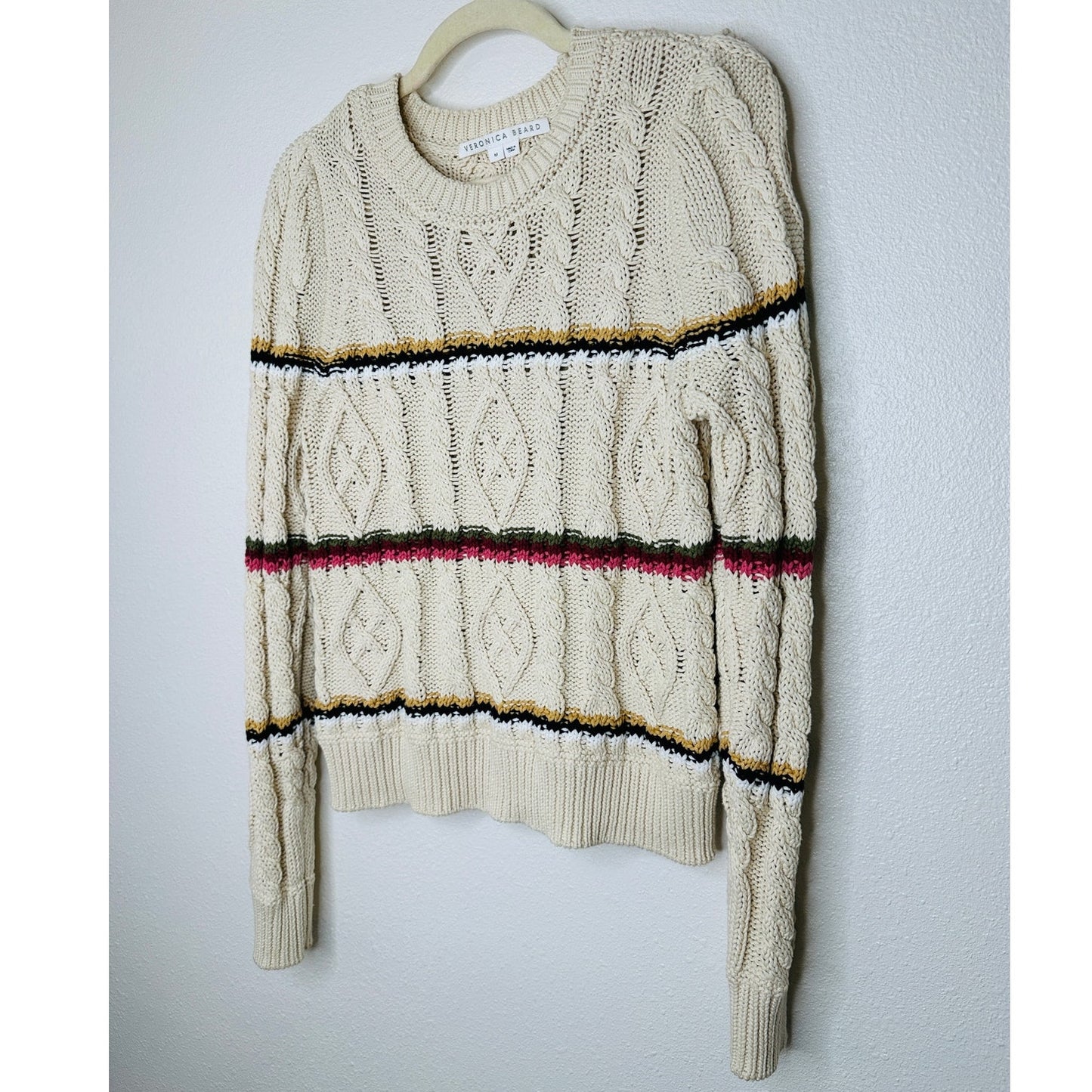 Veronica Beard Bruna Cream Black Multi Stripe Chunky Knit Long Sleeve Sweater M