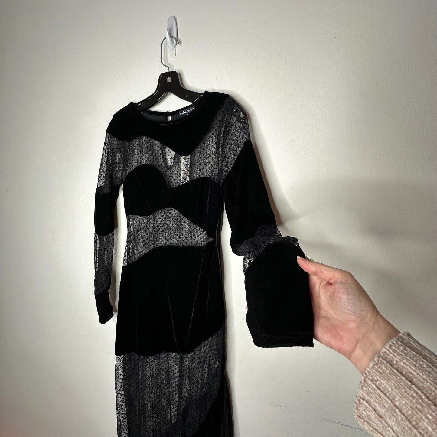 For Love & Lemons Carolyn Sheer Black Velvet Wavy-Flock Dot Lace Panel Dress XS