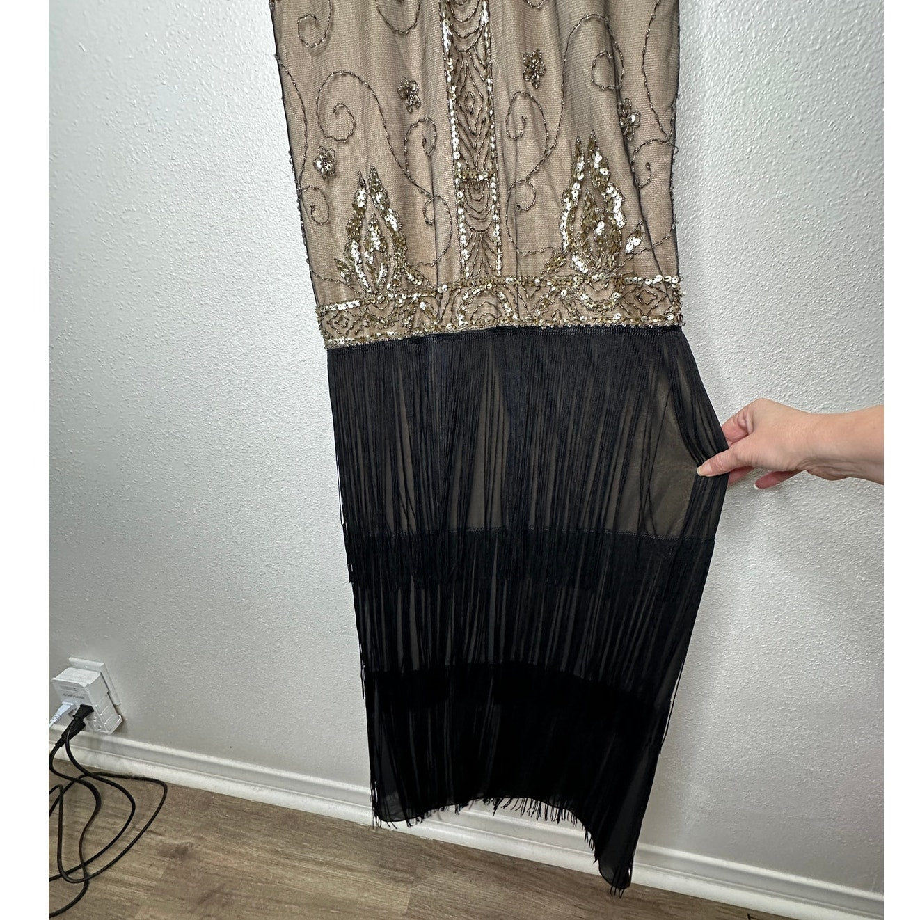 NWT Sue Wong Beaded Gold Mesh Top Black Fringe Bottom Evening Dress 8