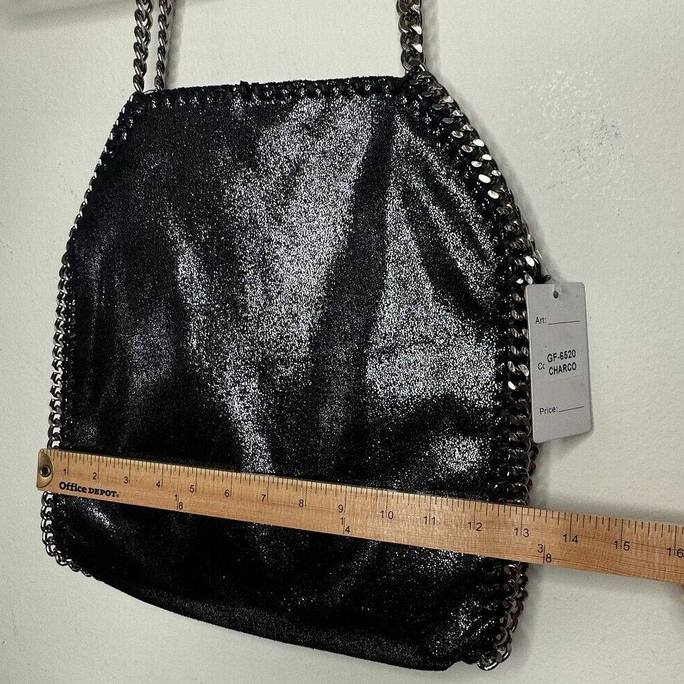 NWT Chic Fabella Style Tote Black Silver Metal Chain Leatherette Zip Snap