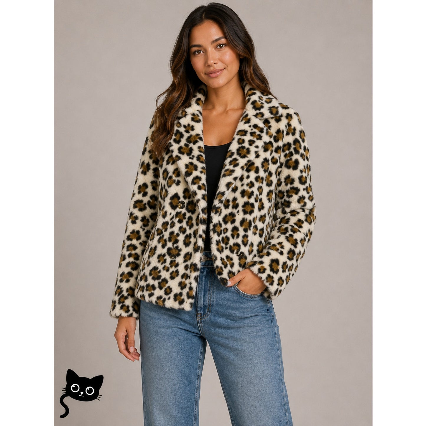 Betta Corradi Cream Brown Black Leopard Print Fuzzy Double Breasted Jacket