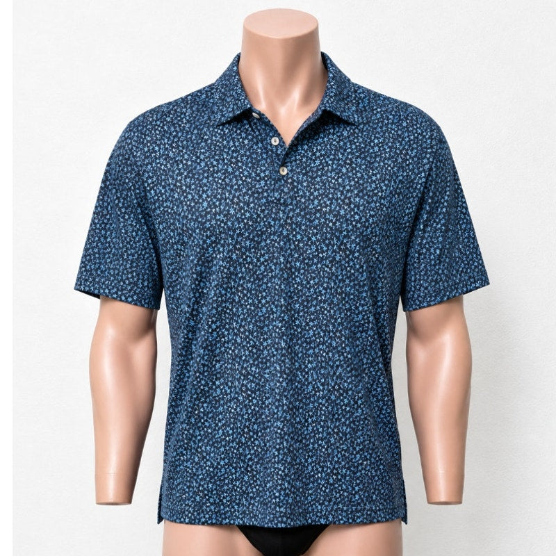 Black with Blue Ocean Starfish Print Polo Golf Shirt Short Sleeve Large