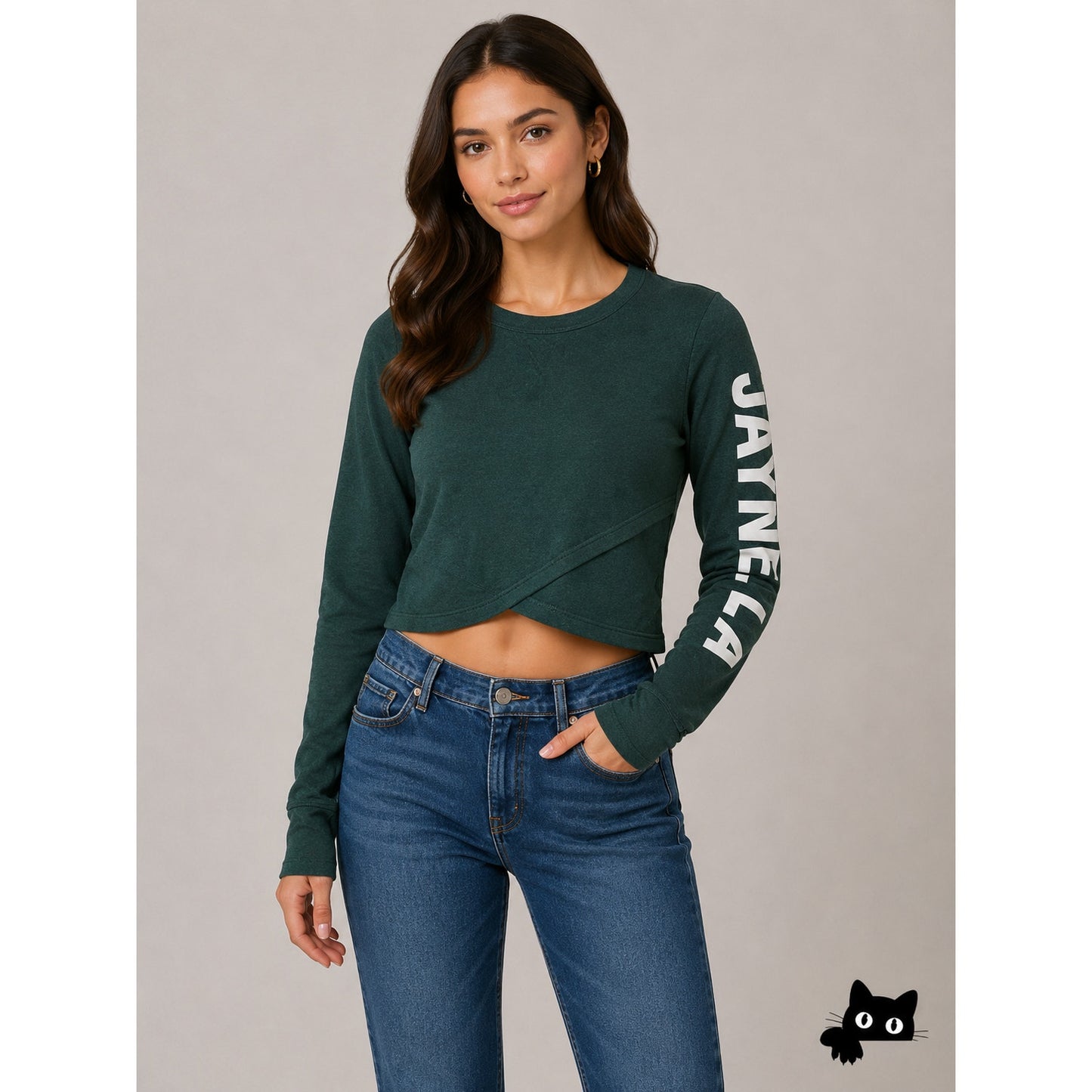 NWOT Monrow Green Faux Wrap Long Sleeve JAYNE.LA Graphic Crop Sweater Small