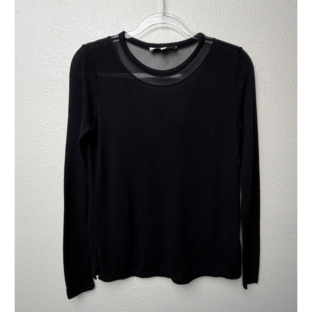 Elizabeth & James Black Sheer Mesh Yoke Long Sleeve Top Open Back Lightweight Knit XS