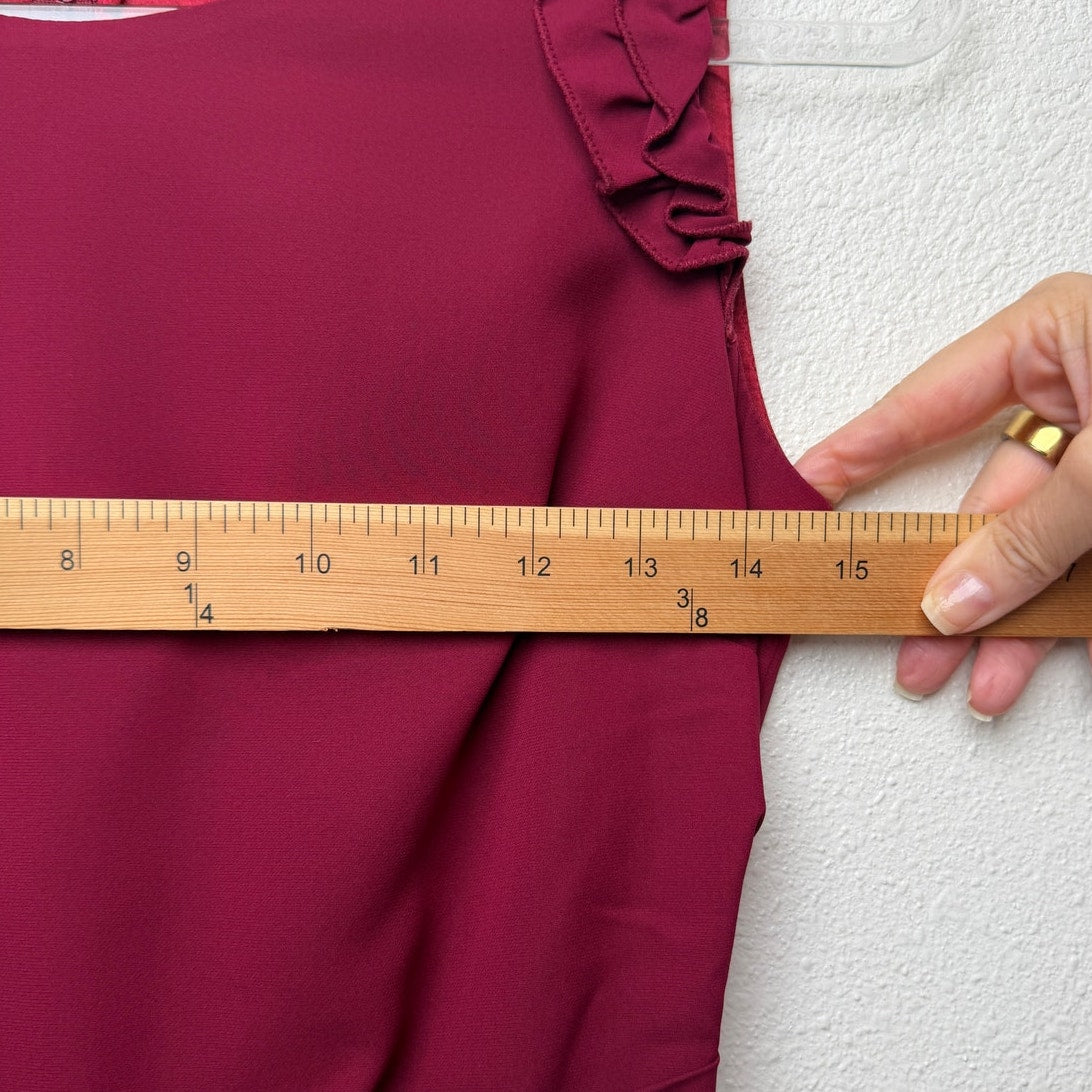 Elie Tahari Burgundy Ruffle Shoulder Sleeveless Sheath Dress Women's US 0