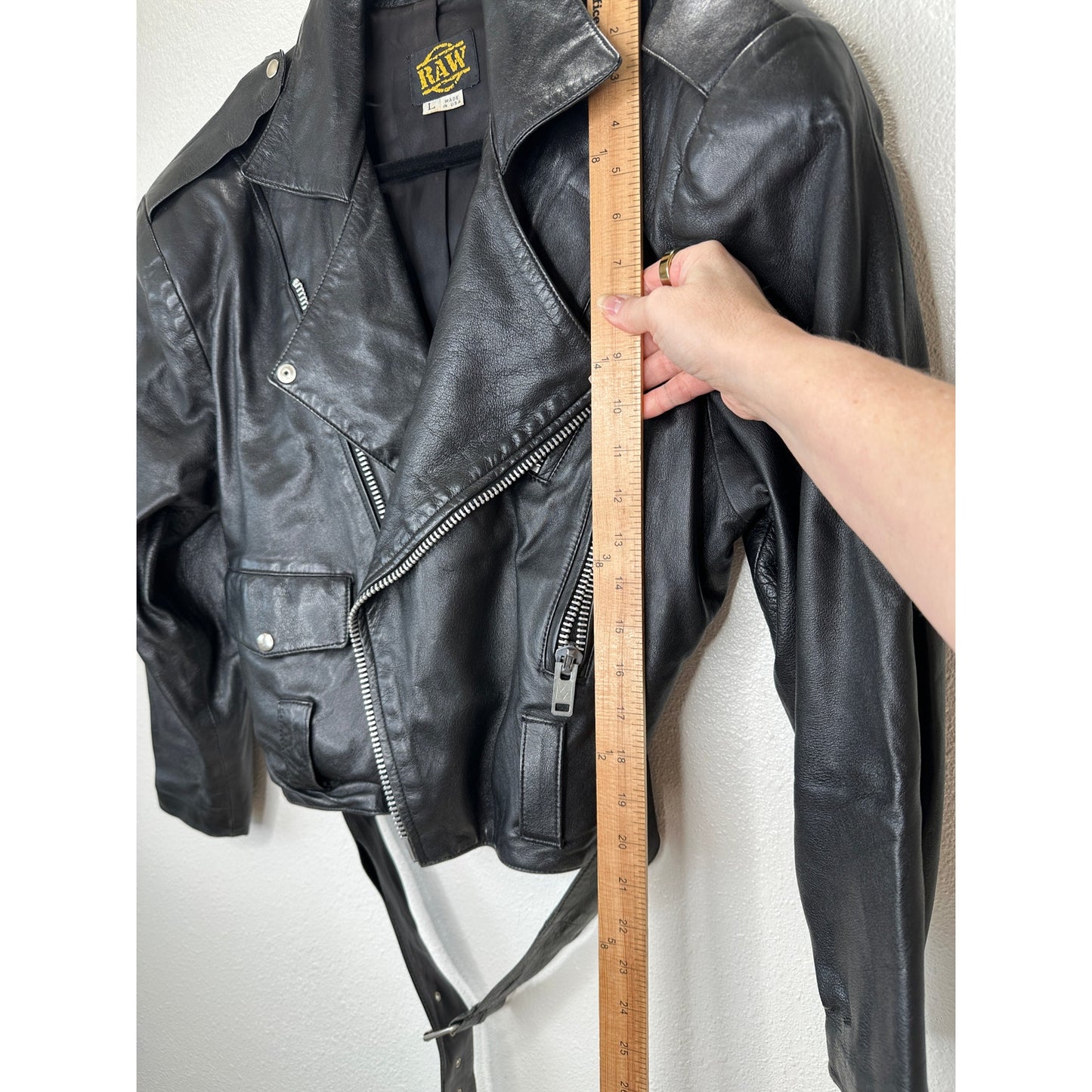 Raw Black Leather Silver Zip & Hardware Belted Shoulder Pad Moto Jacket L