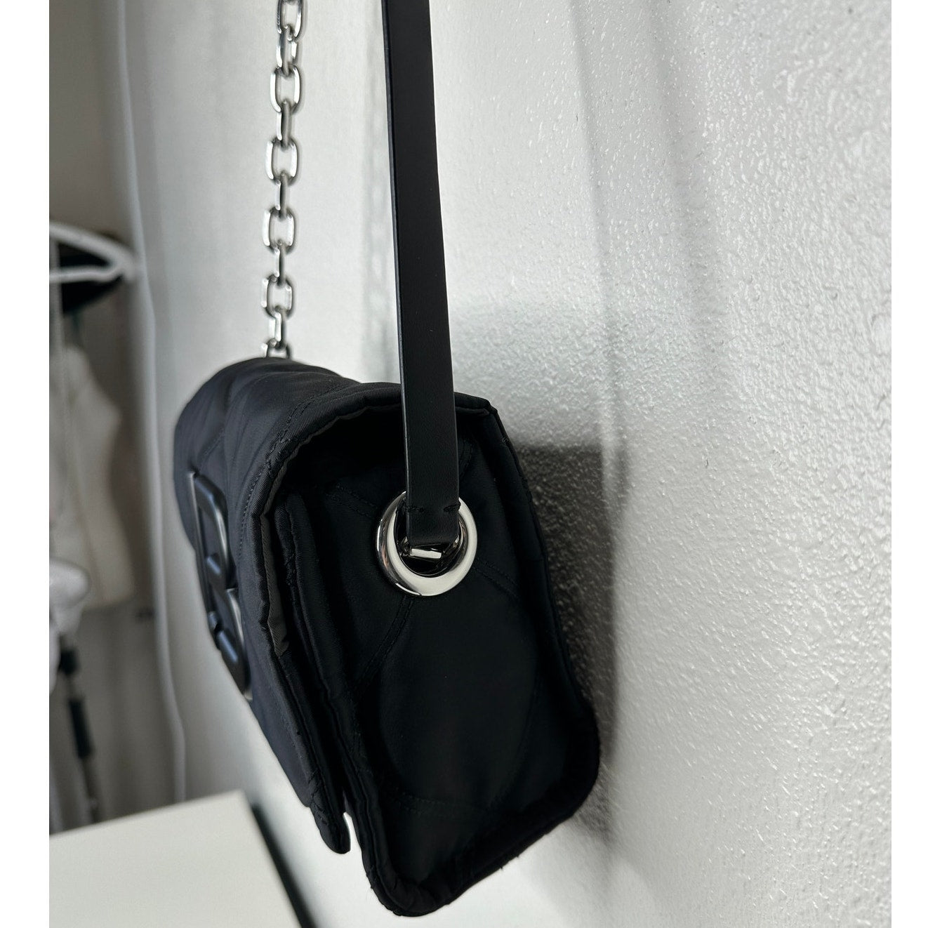 BYL Small Black Padded Nylon Crossbody Bag Leather & Chain Strap