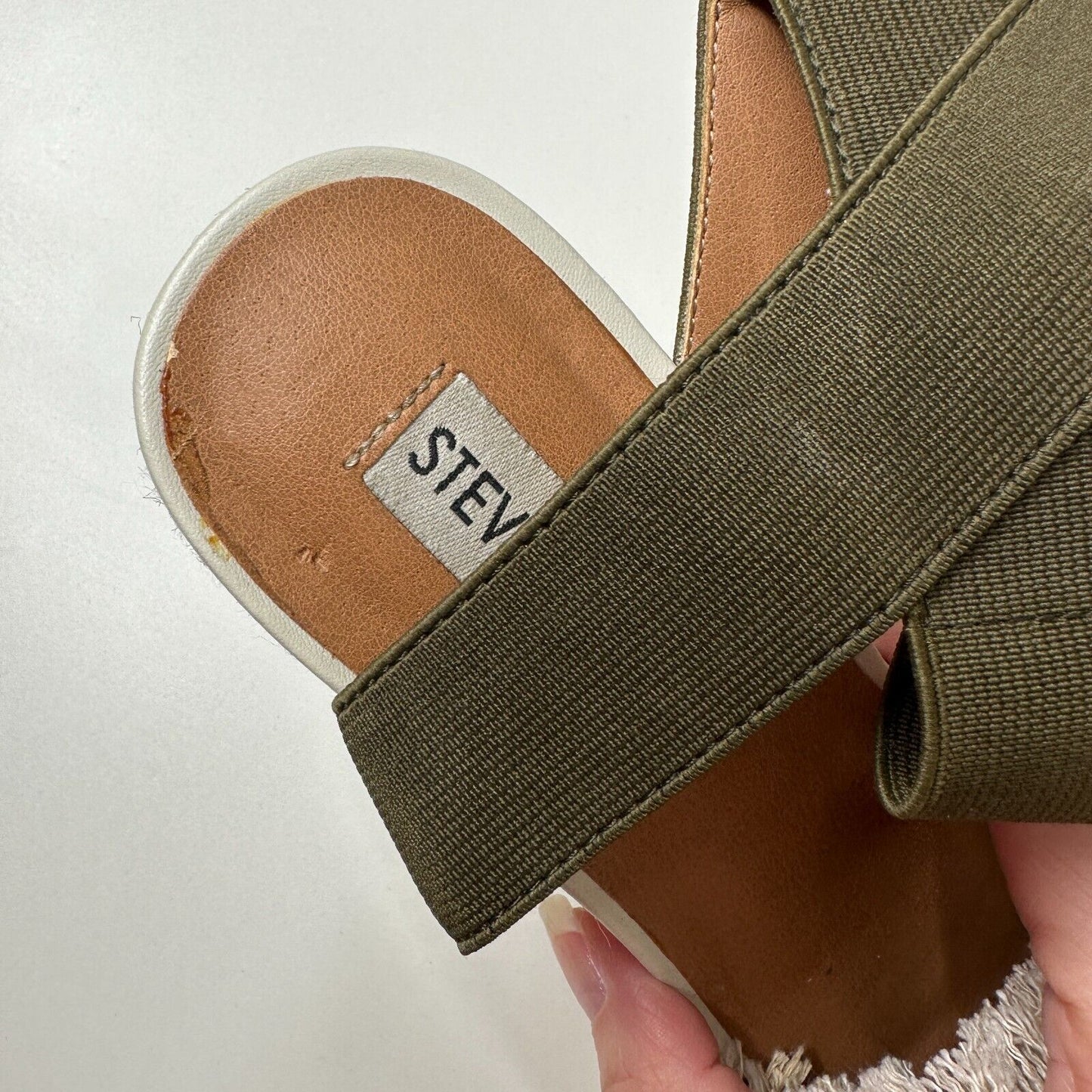 Steve Madden Venus Wedge Beige Fringed Canvas Green Ankle Espadrille Wedges 5.5