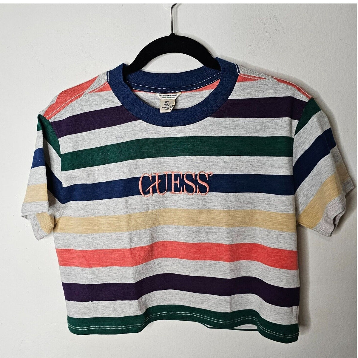 Guess Originals 1981 Gray Multi-Color Stripe Short Sleeve Crop Guess Logo SP