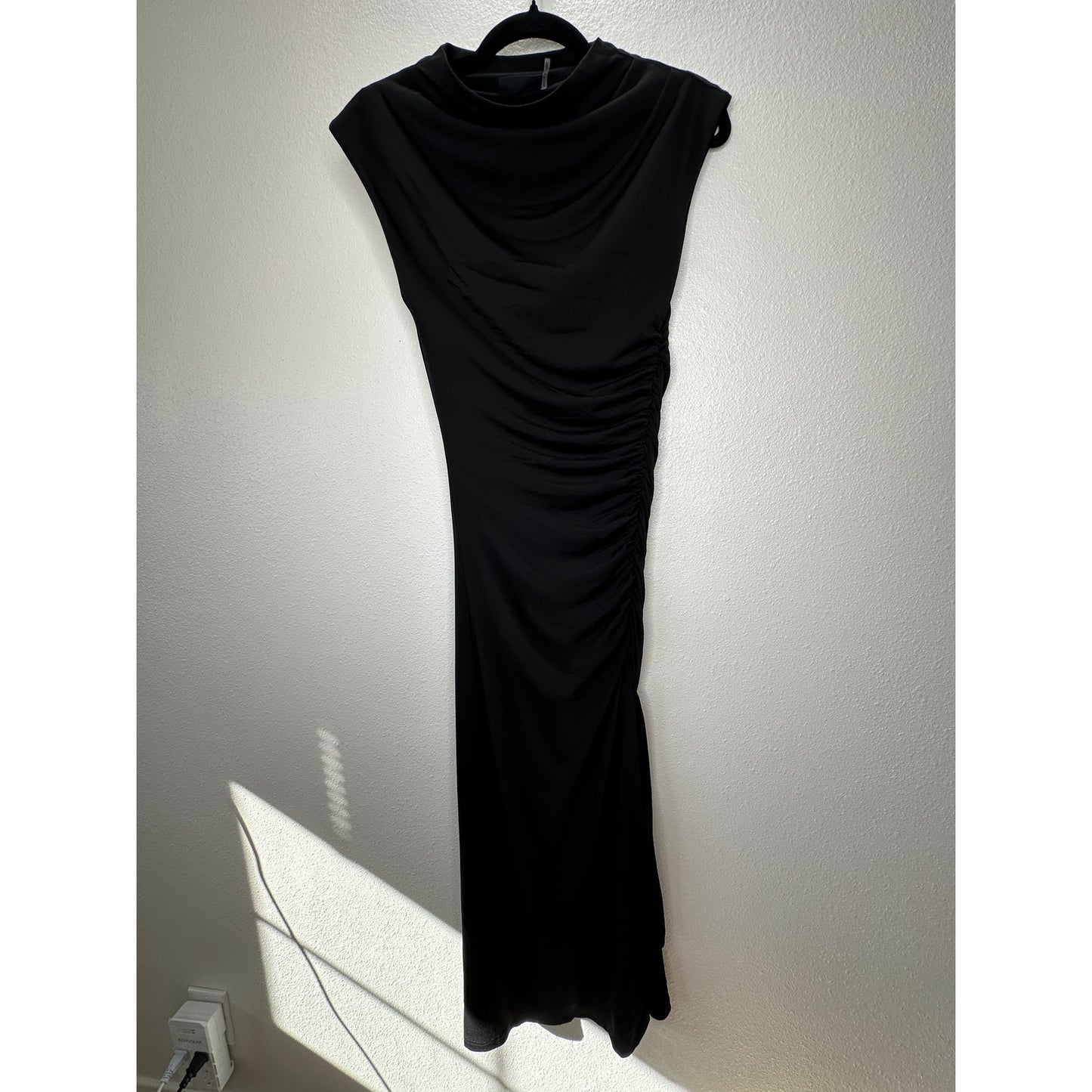 VICI Black Elisabeth Mock Neck Cap Sleeve Side Slit Ruched Midi Dress XS