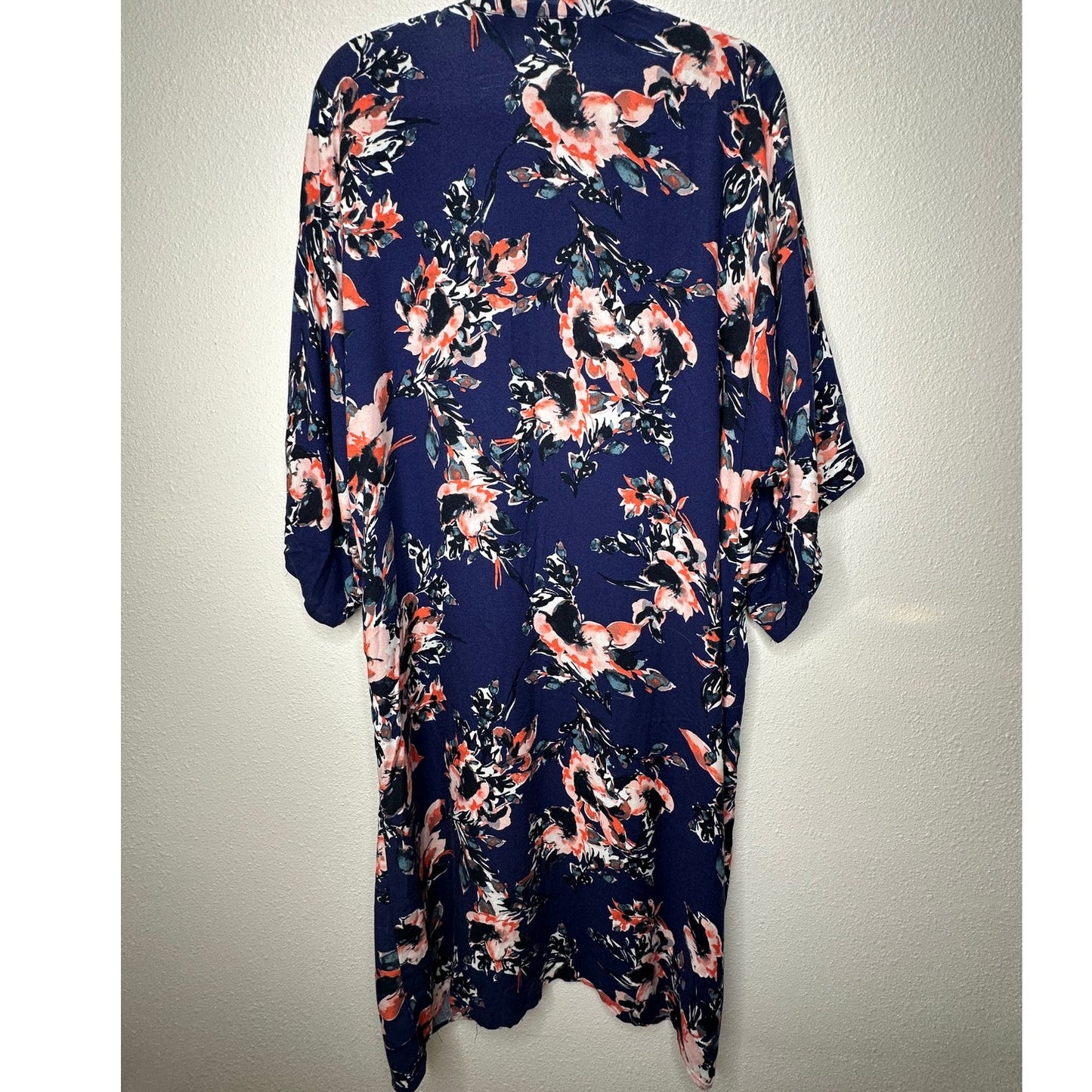 Splendid Navy Orange Ivory Multi Floral Short Sleeve Kimono Duster S