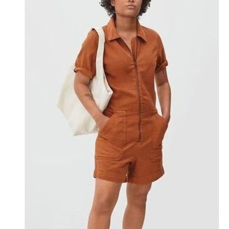 Everlane The Denim Short Coverall Organic Cotton Brown Rust Romper 6