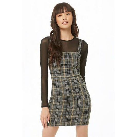 Cute Gold Gray White Black Plaid Sleeveless Knit Jumper Overall Mini Dress Med