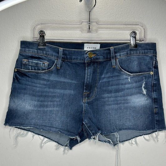 Frame Le Cutoff Medium Blue Wash Distressed Raw Hem Front Zip Jean Shorts 31