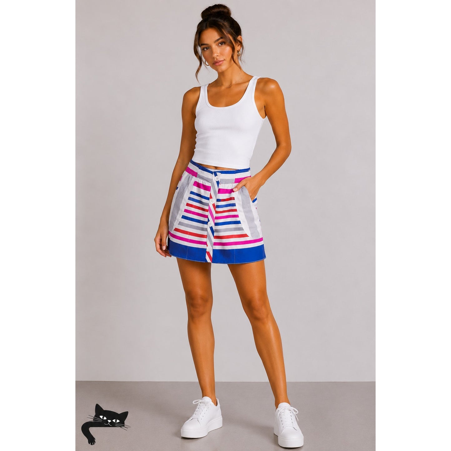 Nautical Blue Pink White Gray Stripe Button Front Patch Pockets Mini Skirt Small