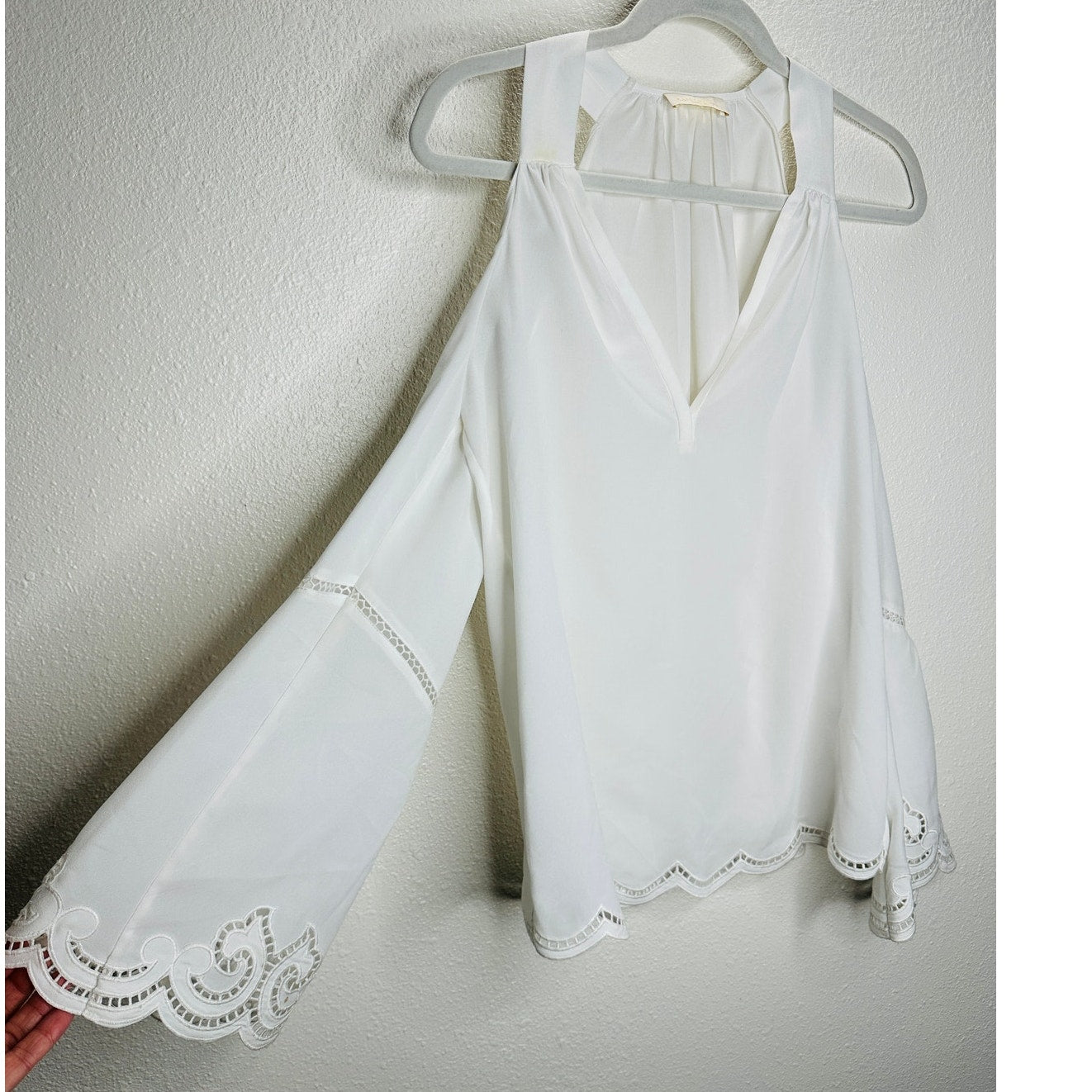 Ramy Brook White Cold Shoulder Eyelet Lace Bell Sleeve Eyelet Trim Blouse XS