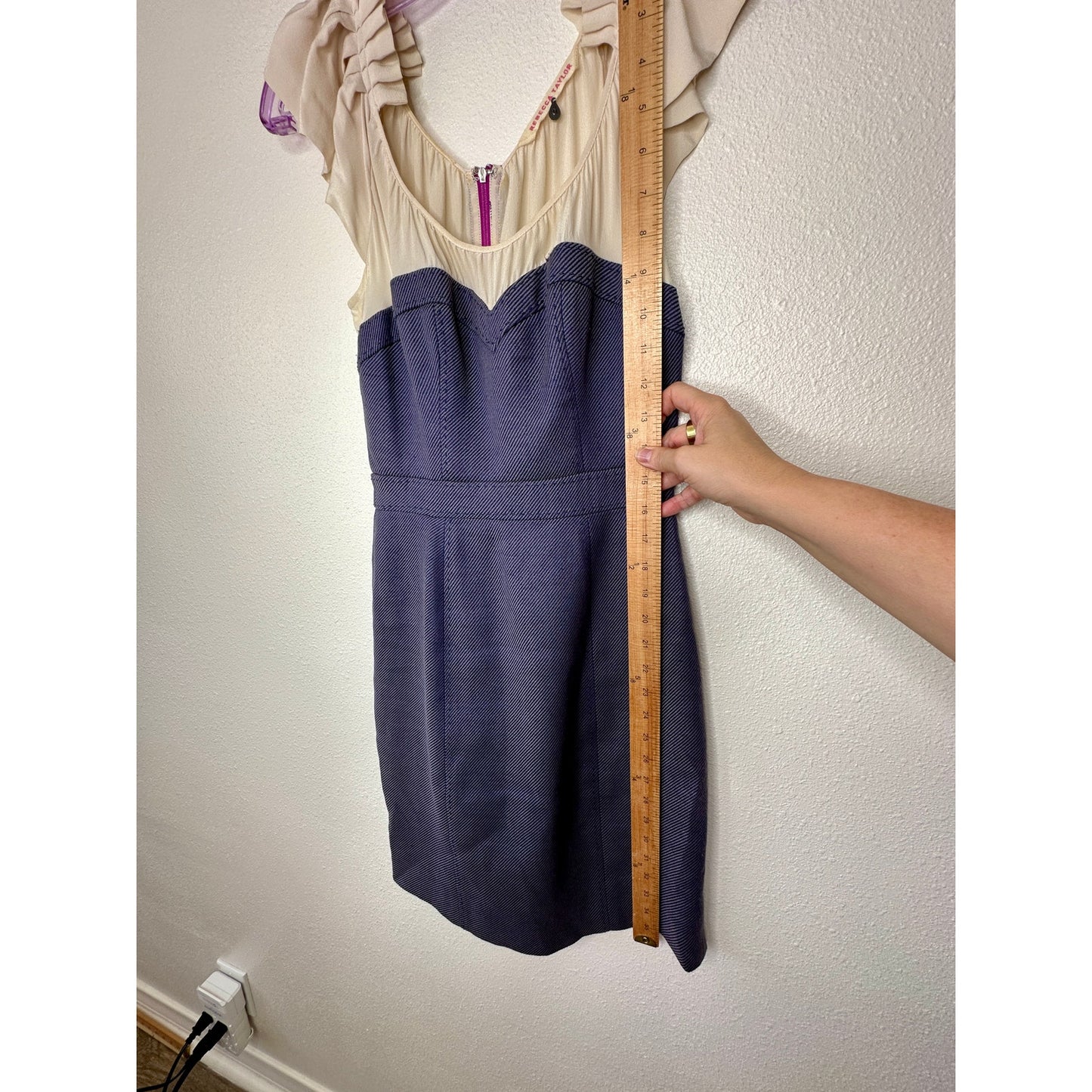 Rebecca Taylor Cream Ruffled Pleat Shoulder Blue Jean Stripe Linen Sheath Dress 0