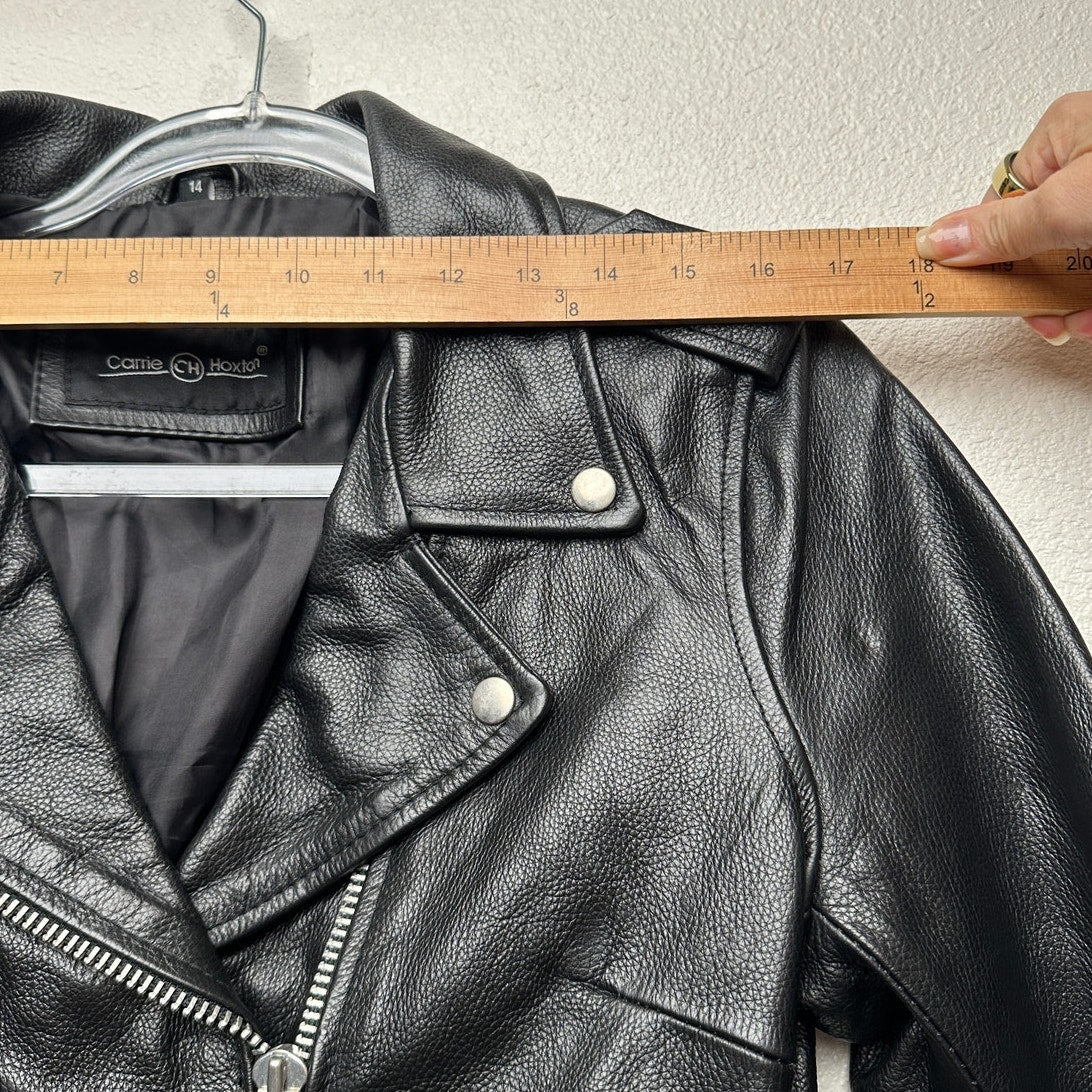 Carrie Hoxton Black Leather Moto Biker Jacket Women’s 14 Belted Zip