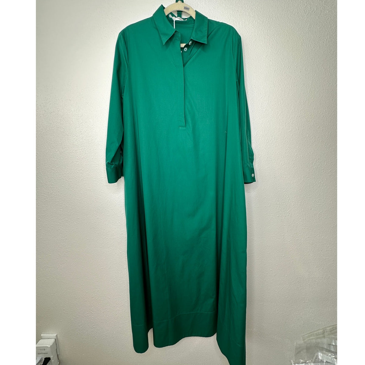 NWT The Row Green Tanita Long Sleeve 3/4 Button Collared Belted Shirtdress L