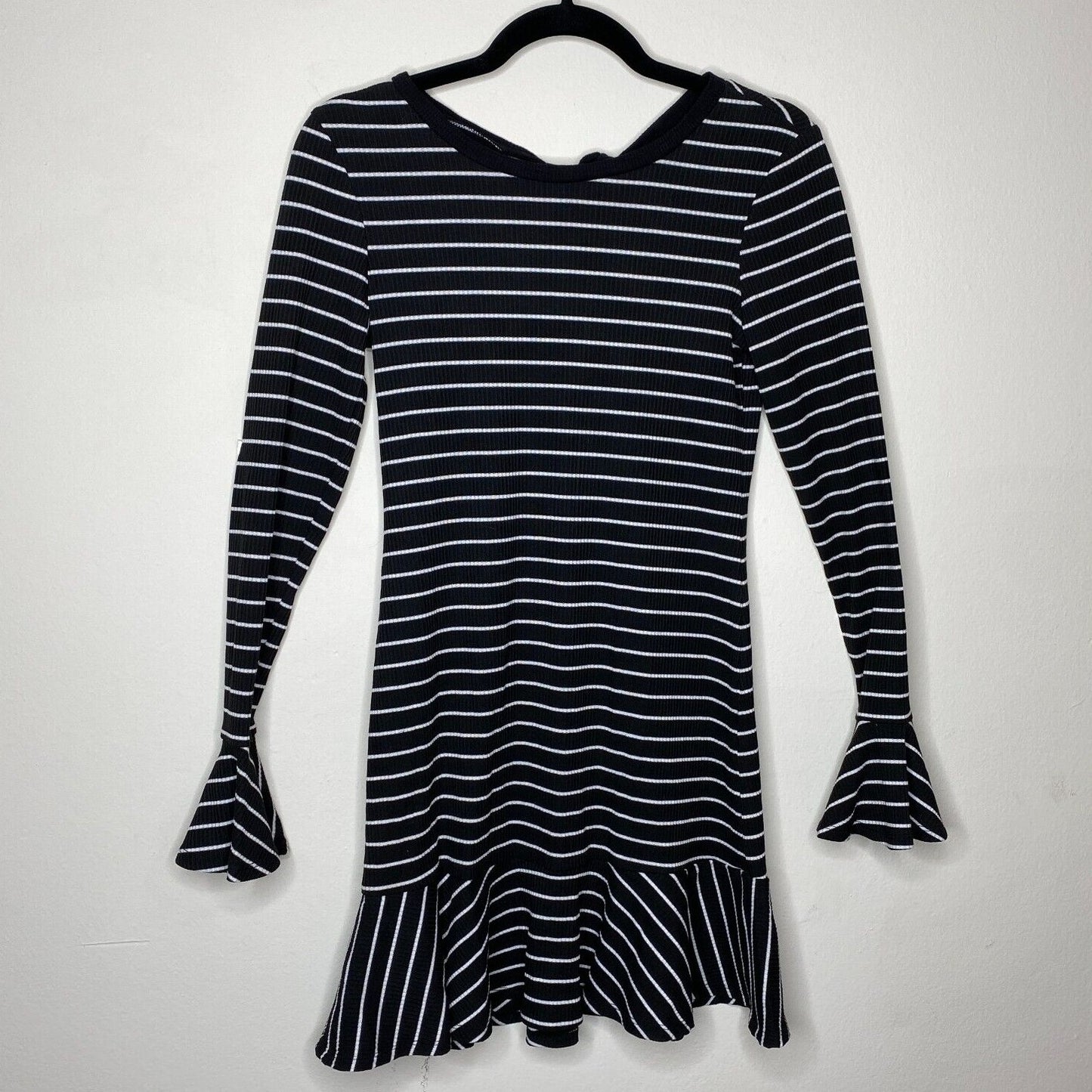 Saylor Black & White Stripe Tessa Bell Long Sleeve Keyhole Tie Knit Dress S