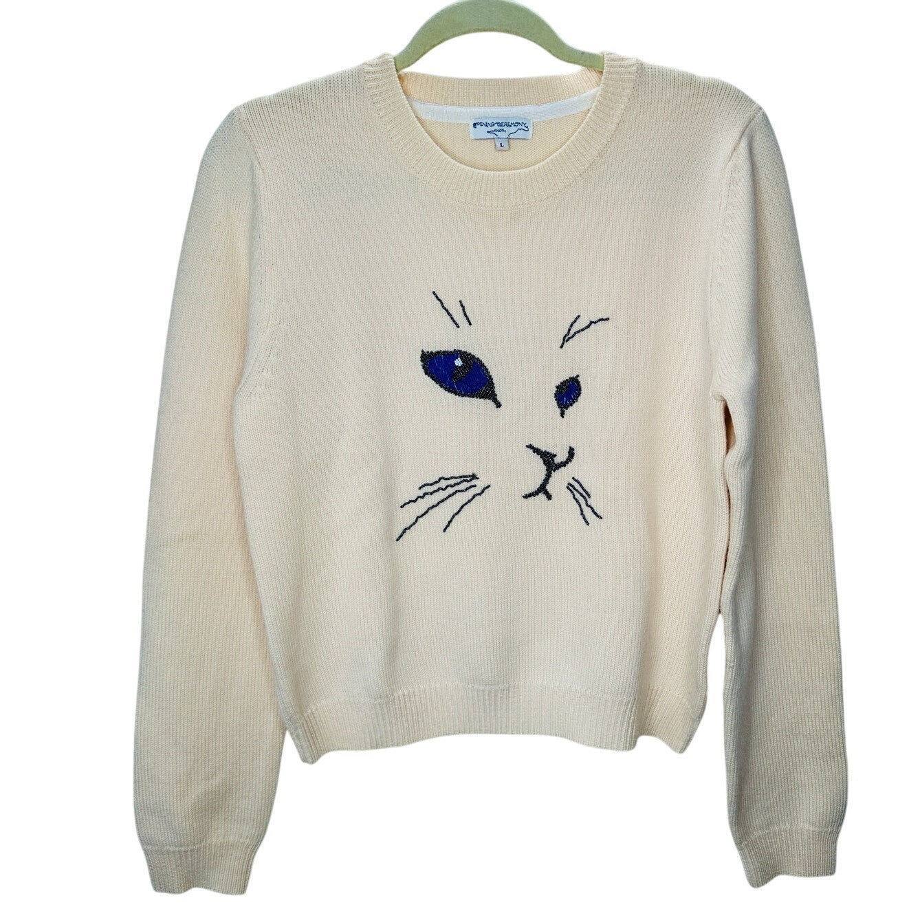 Opening Ceremony Butter Cream Crew Neck Cat Motif Sweater L