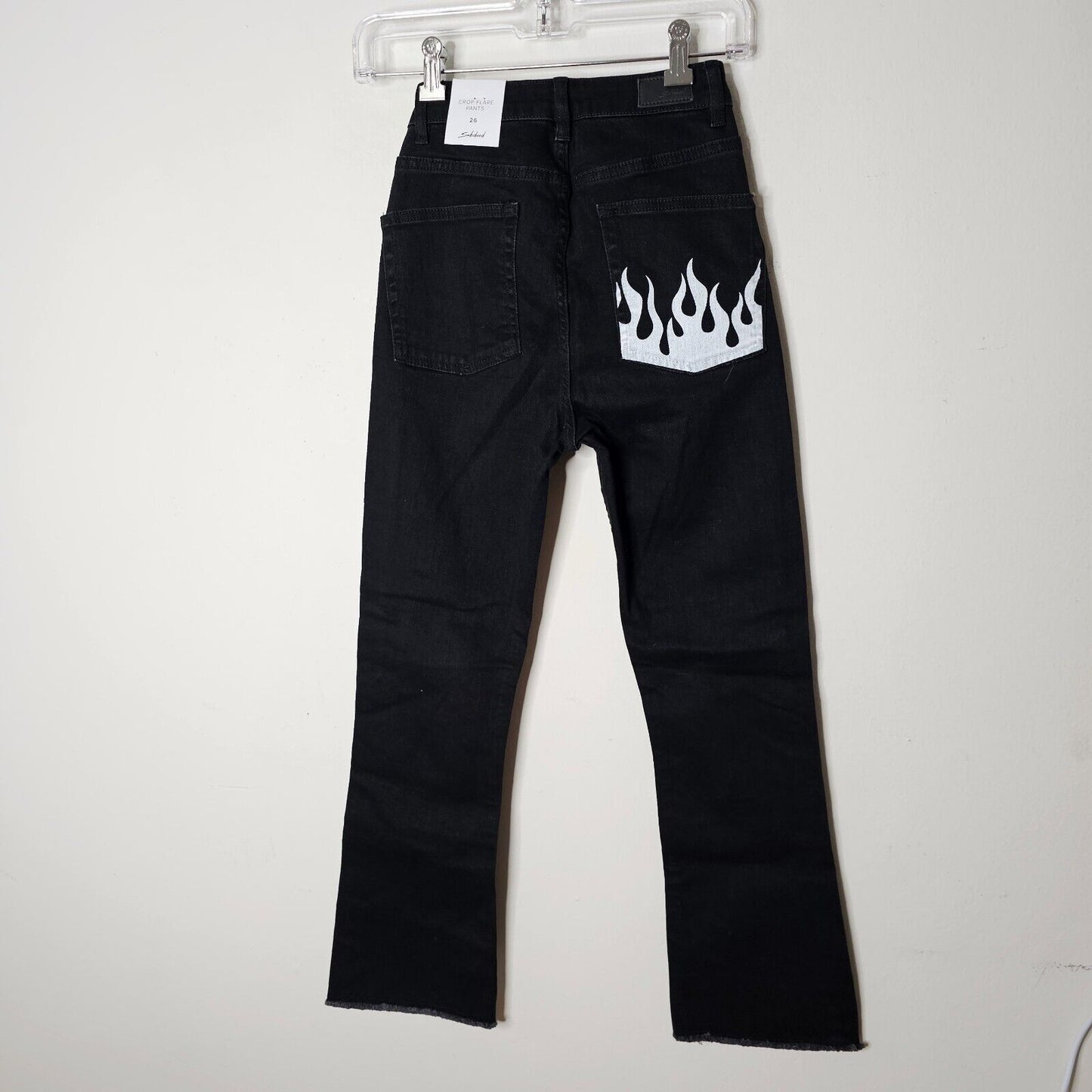 NWT Subdued Black Crop Flare Button Fly Raw Hem Front and Pocket White Flames 26
